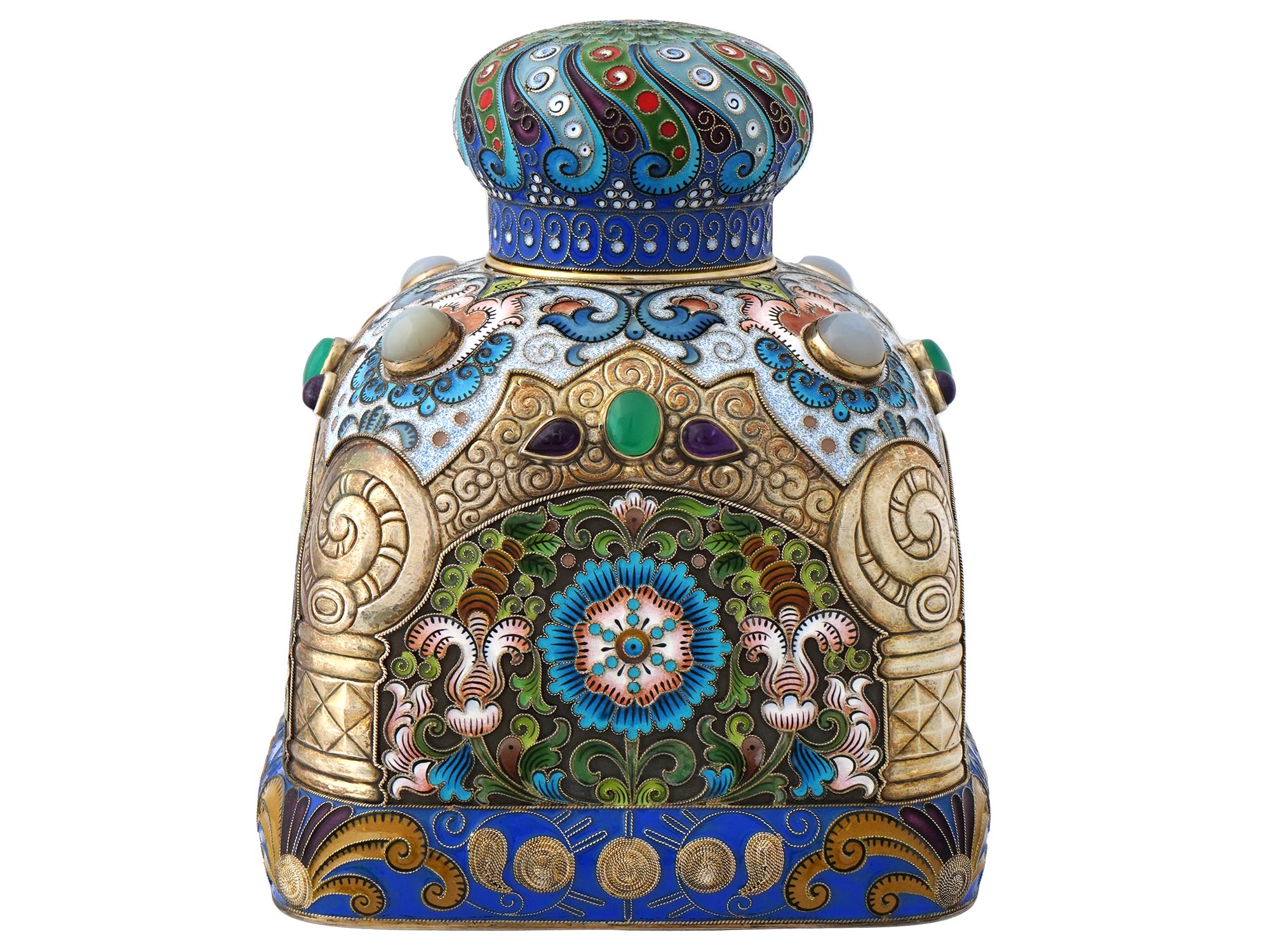 RUSSIAN SILVER ENAMEL TEA CADDY SET W GEM STONES PIC-2