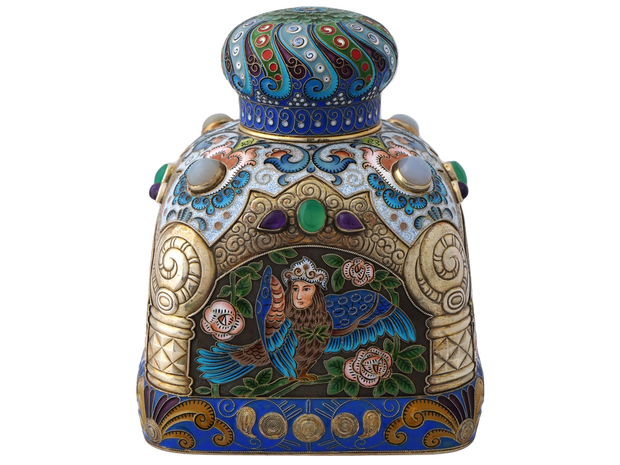 RUSSIAN SILVER ENAMEL TEA CADDY SET W GEM STONES PIC-1