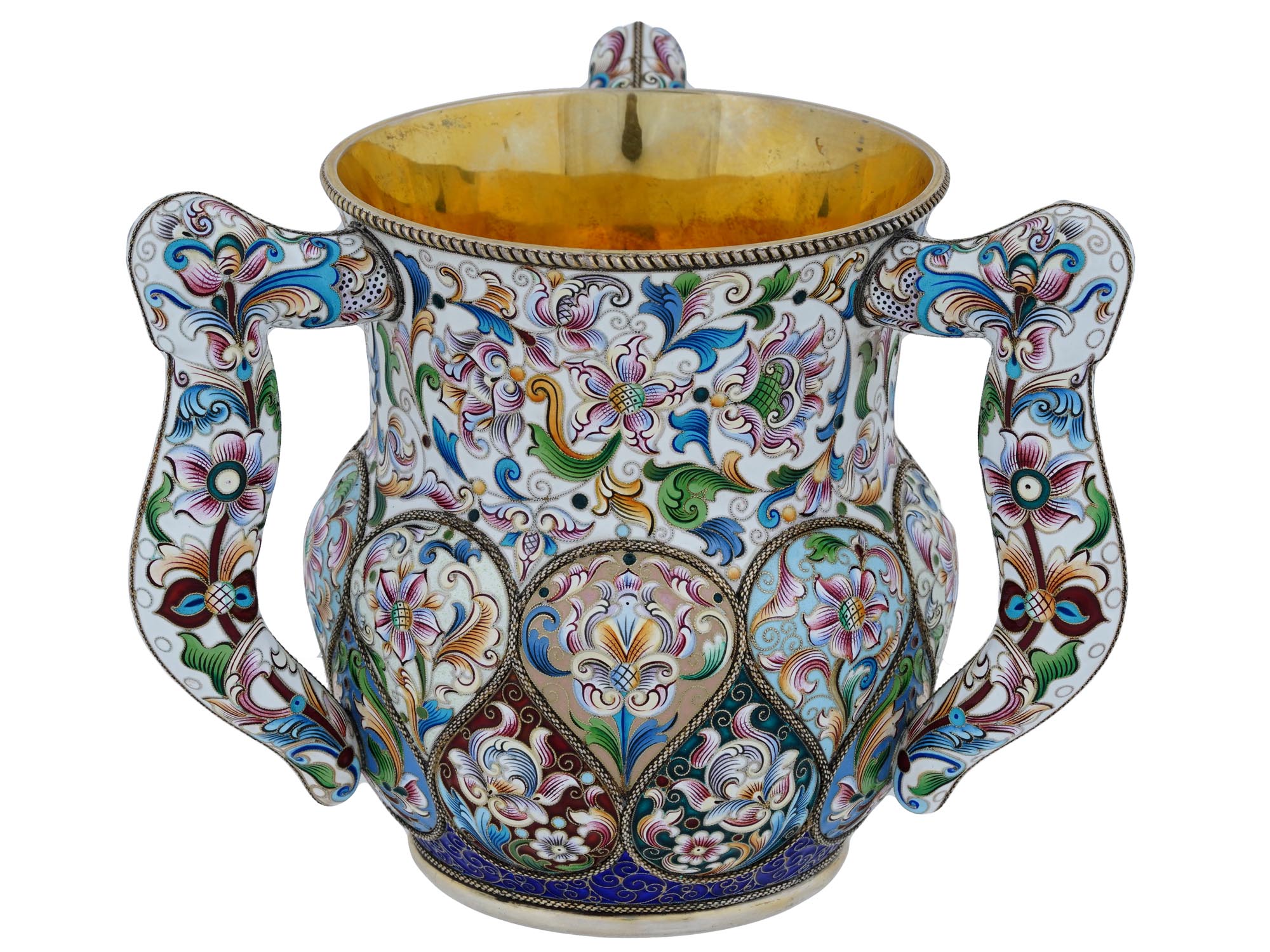 RUSSIAN GILT SILVER AND ENAMEL THREE HANDLED CUP PIC-0