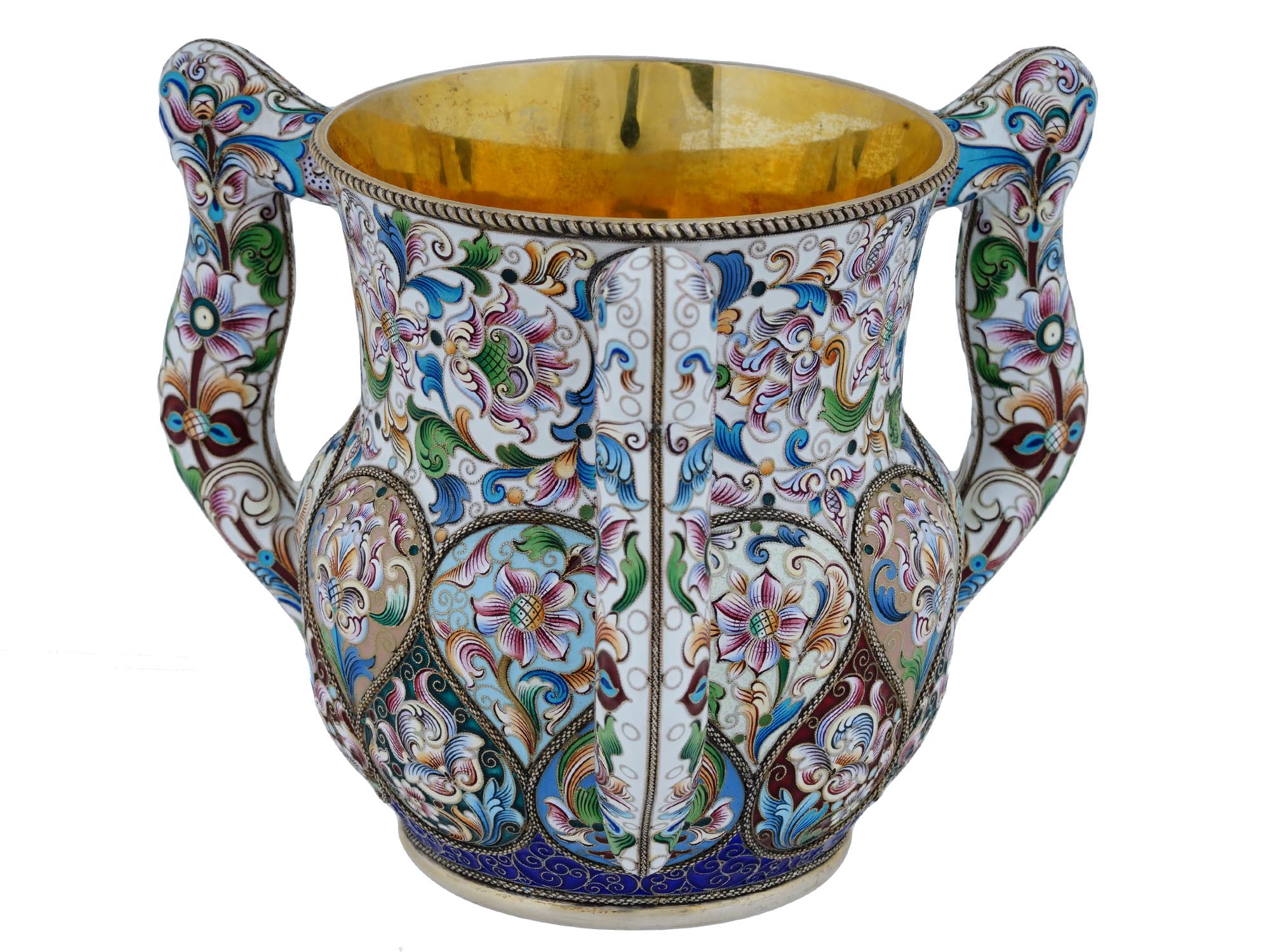 RUSSIAN GILT SILVER AND ENAMEL THREE HANDLED CUP PIC-1