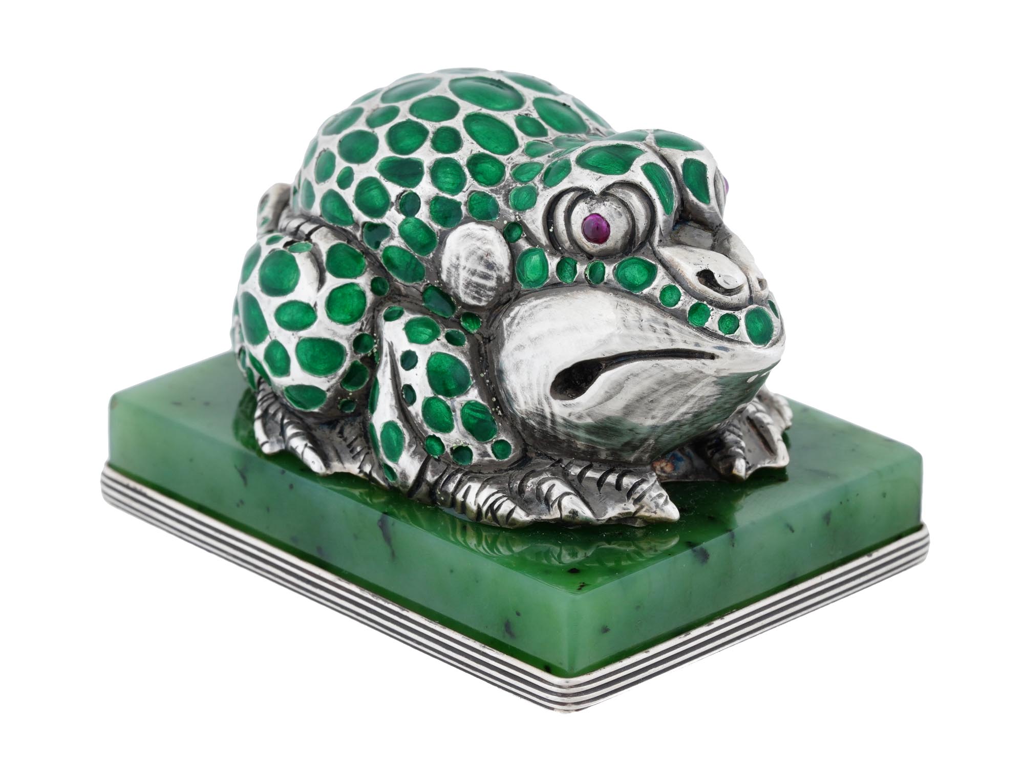 RUSSIAN 88 SILVER CHAMPLEVE ENAMEL NEPHRITE TOAD PIC-0