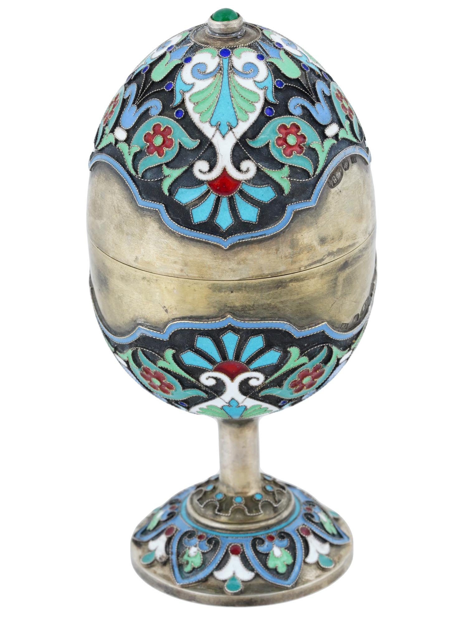 RUSSIAN 84 SILVER ENAMEL FOOTED EASTER EGG CASKET PIC-0