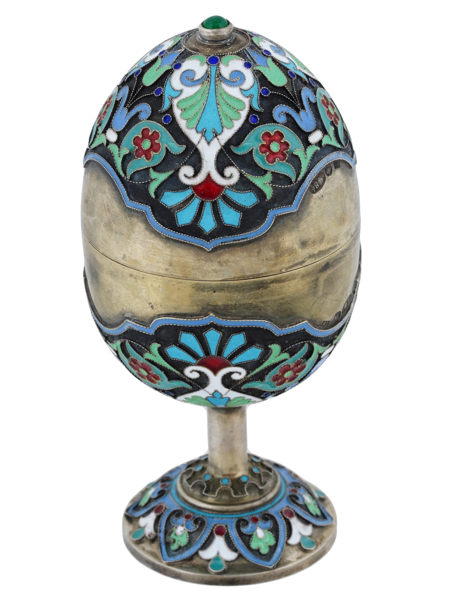 RUSSIAN 84 SILVER ENAMEL FOOTED EASTER EGG CASKET PIC-2