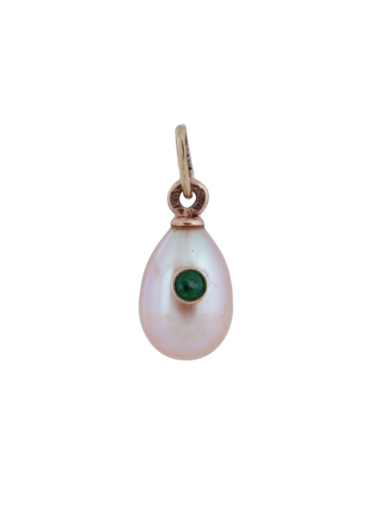 RUSSIAN 14K GOLD PEARL EGG PENDANT WITH EMERALD PIC-0