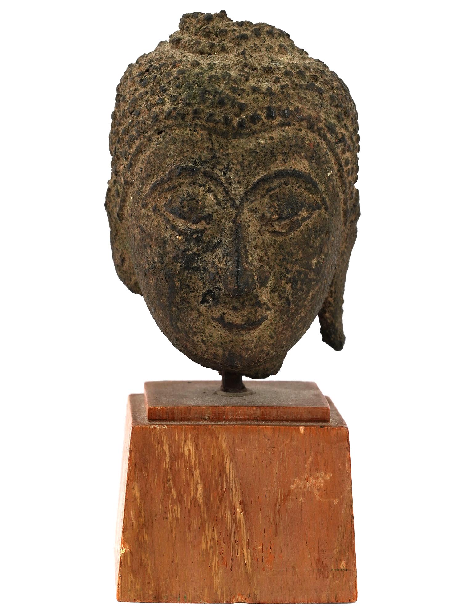 ANCIENT CHINESE BRONZE HEAD ON A WOODEN BASE PIC-1