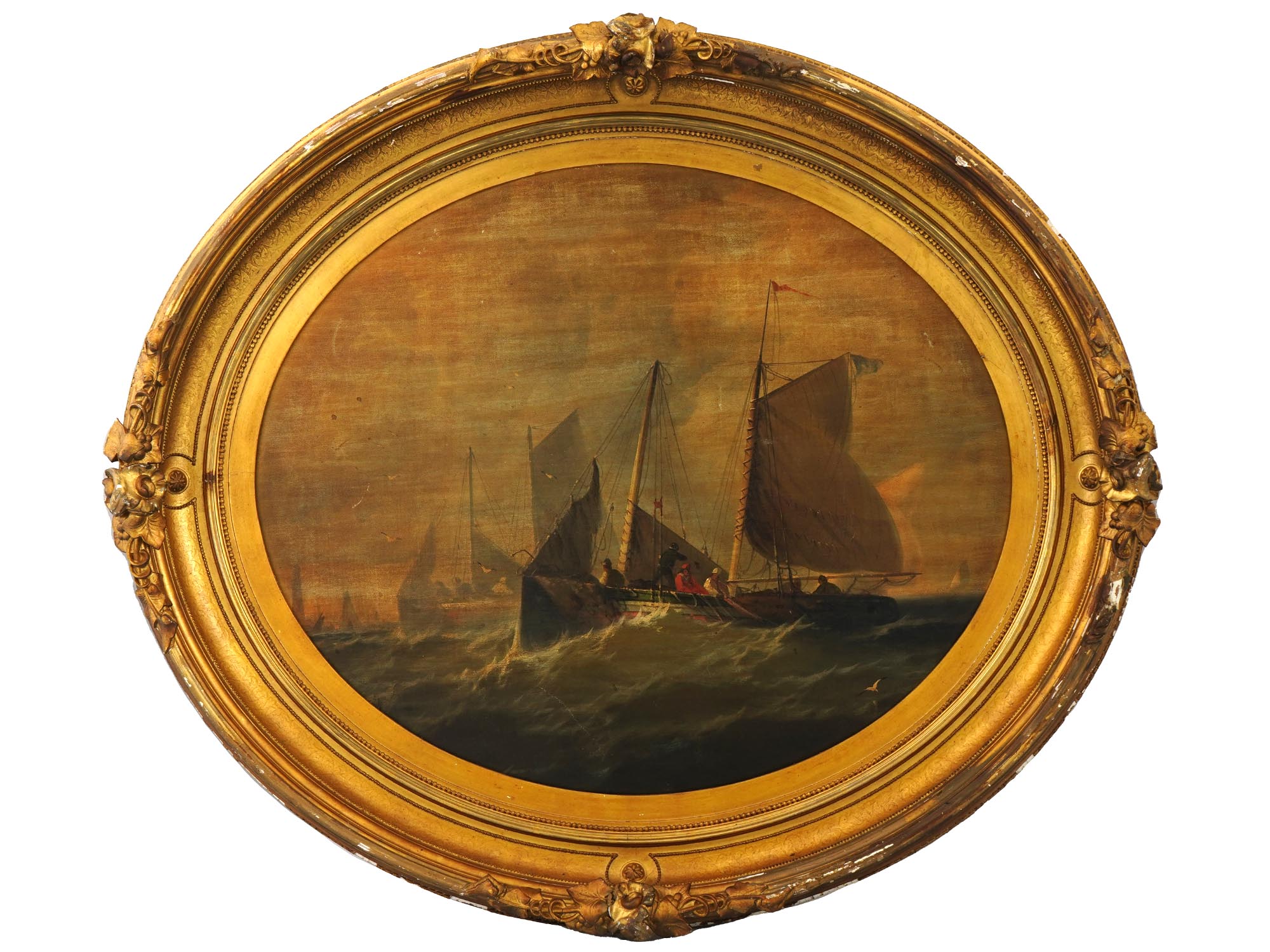 ANTIQUE OIL ON CANVAS PAINTING MARINE SCENE WITH BOATS PIC-0