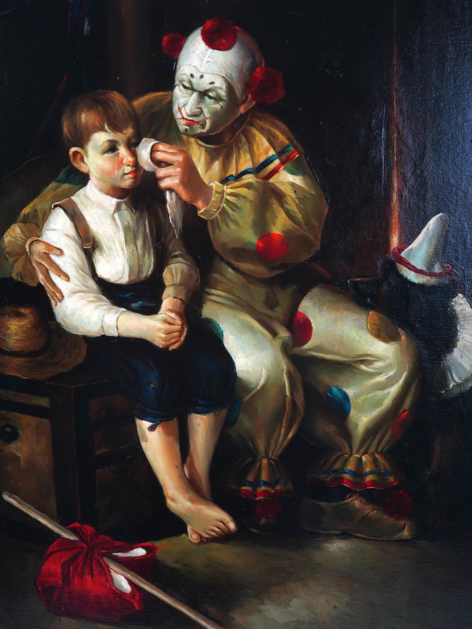 OIL PAINTING CLOWN AND BOY AFTER NORMAN ROCKWELL PIC-1