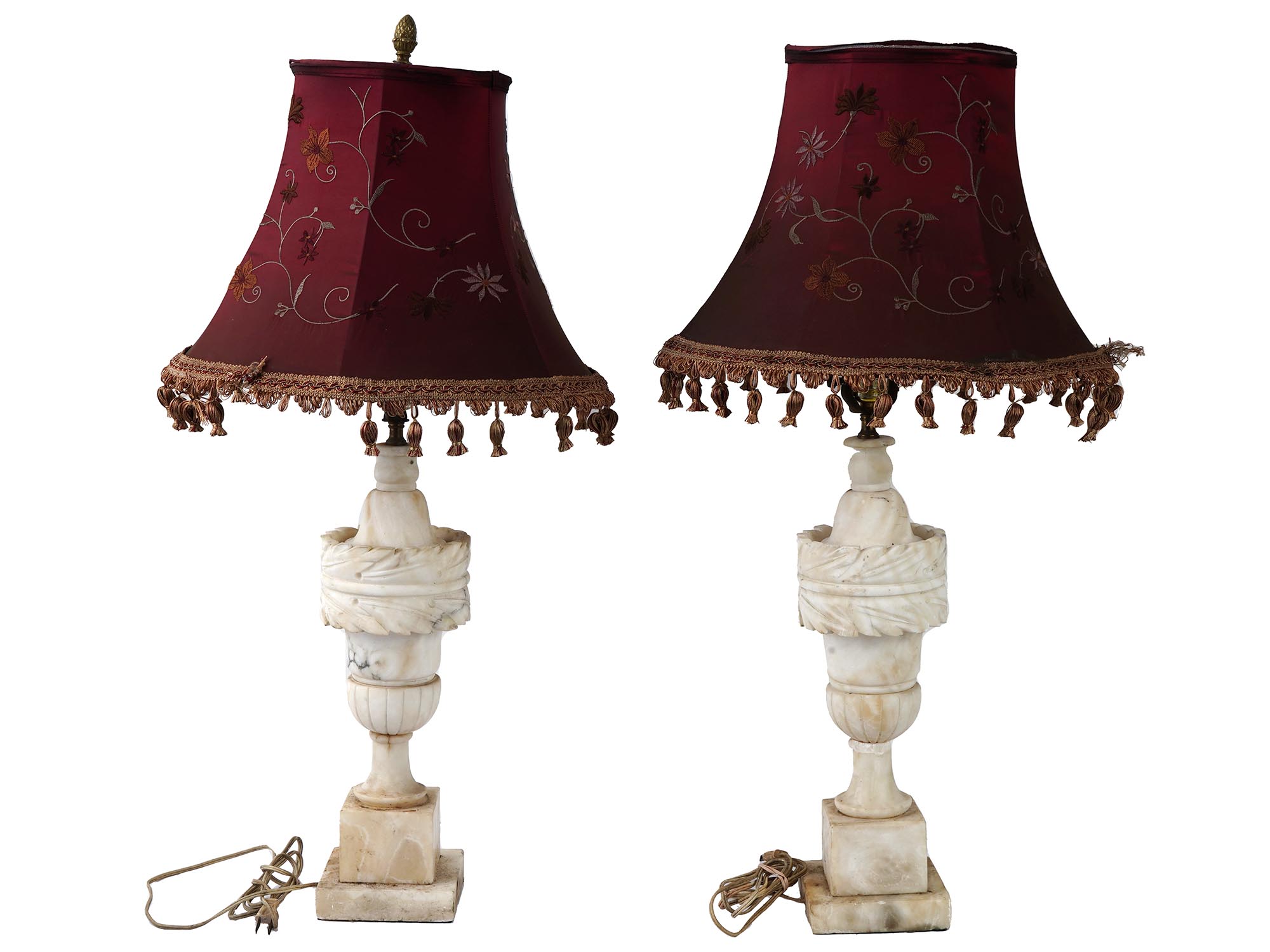 PAIR OF EUROPEAN MARBLE DESK LAMPS EMBROIDERED SHADES PIC-2