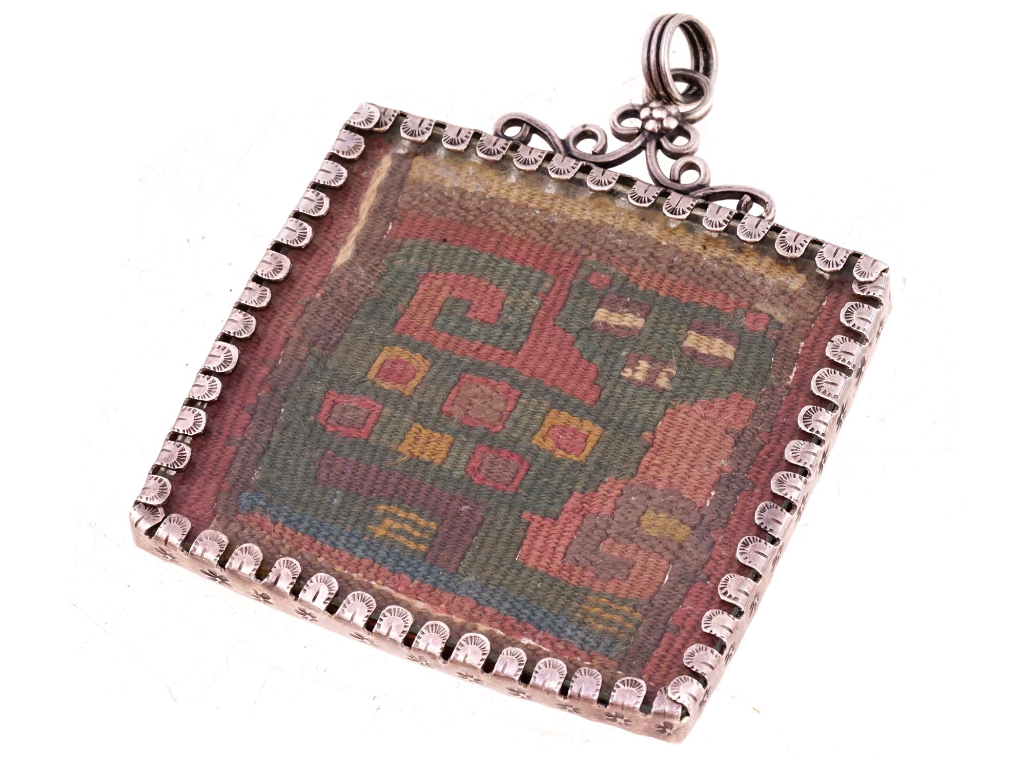 PERUVIAN CHANCAY TEXTILE PENDANT WITH SILVER MOUNT PIC-1