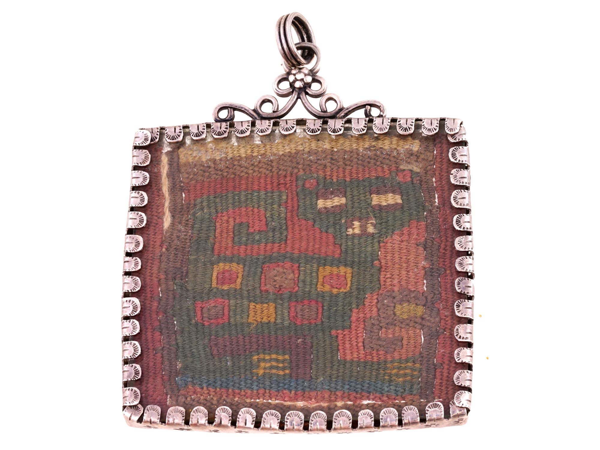 PERUVIAN CHANCAY TEXTILE PENDANT WITH SILVER MOUNT PIC-0