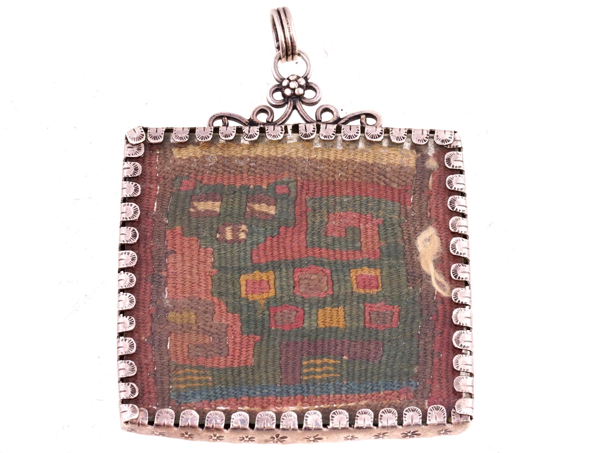 PERUVIAN CHANCAY TEXTILE PENDANT WITH SILVER MOUNT PIC-2