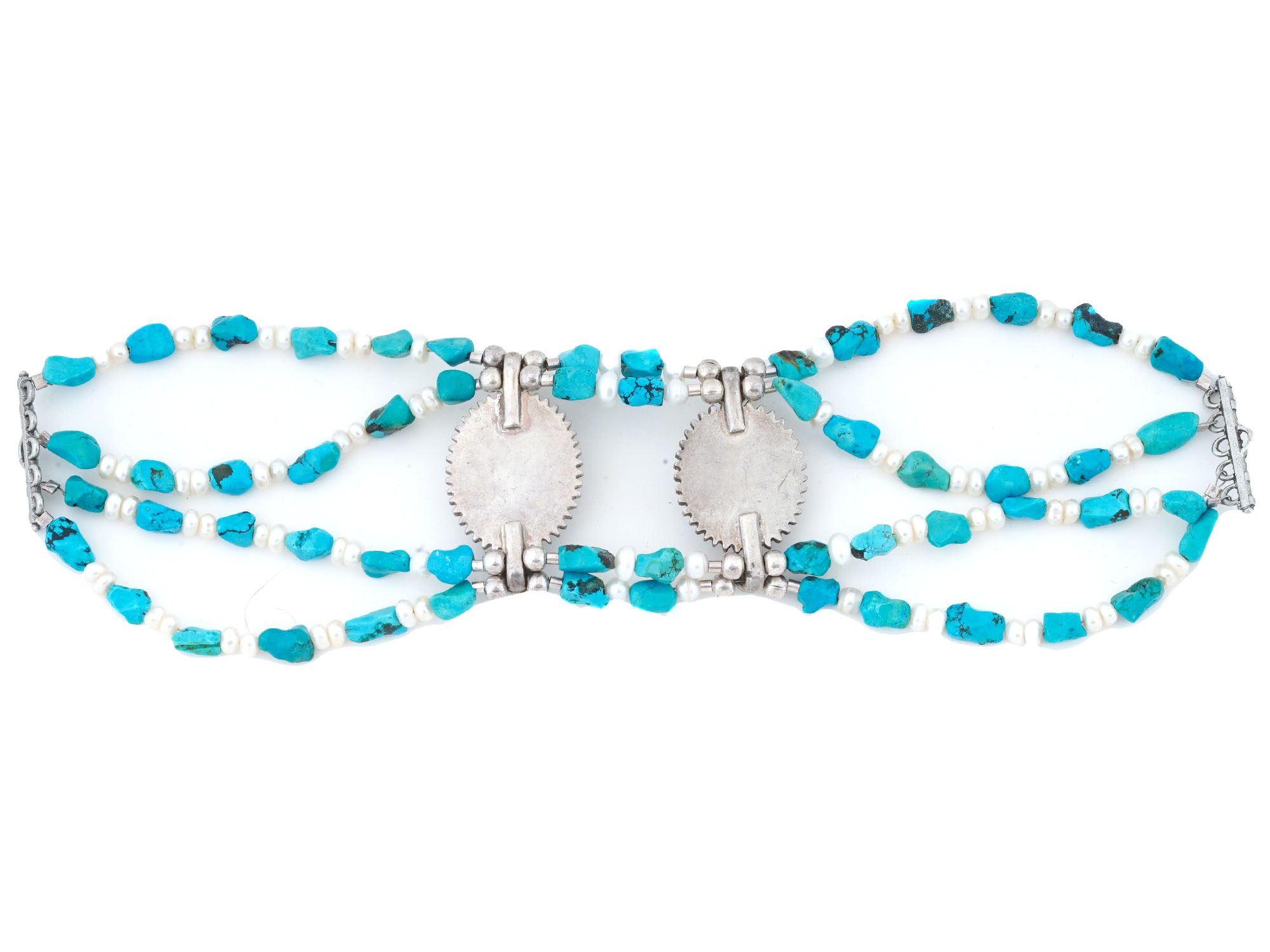 TURQUOISE AND PEARL BEADED DESIGN SILVER BRACELET PIC-2