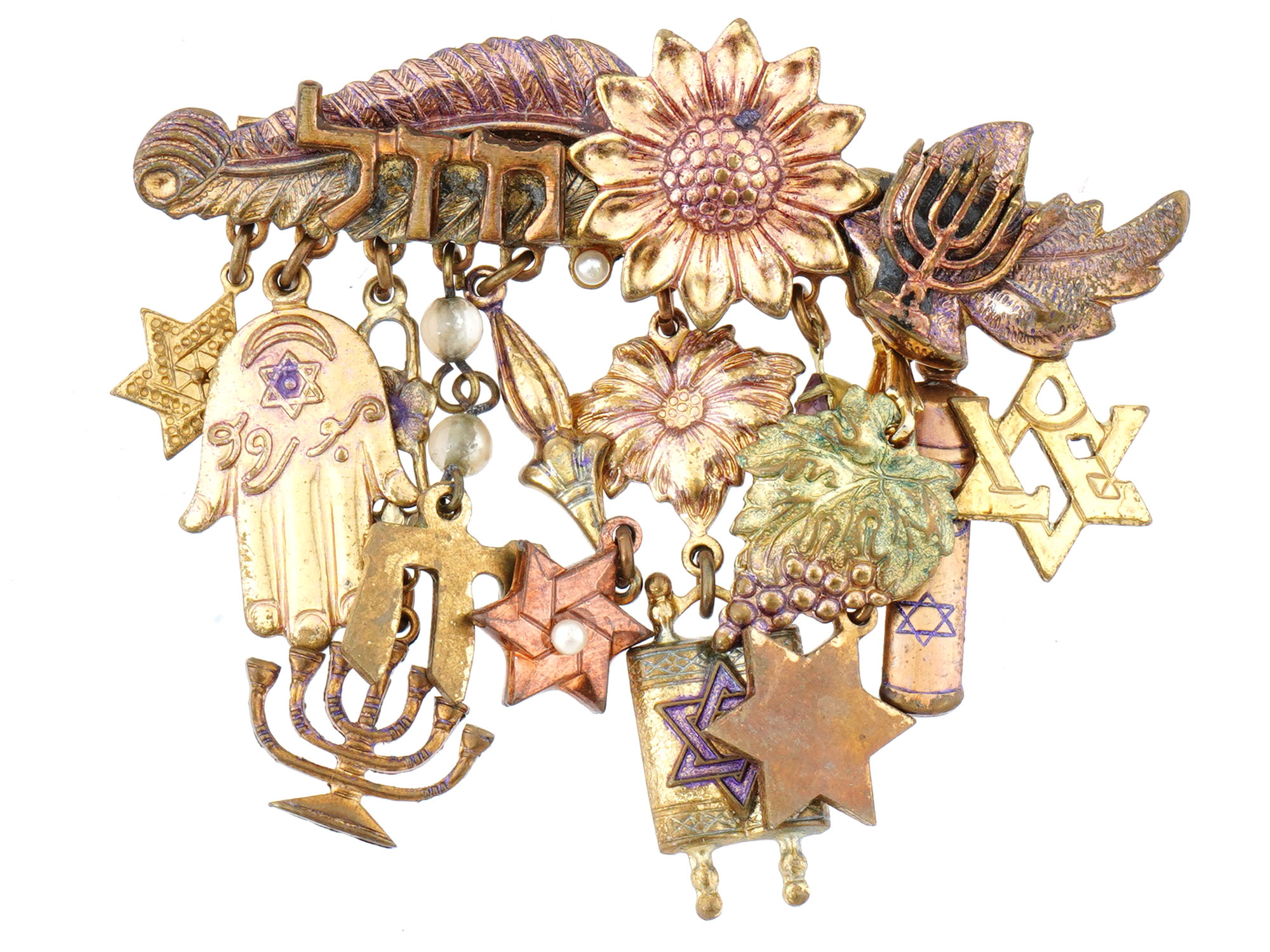 MODERN JUDAICA JEWELRY BROOCH WITH VARIOUS CHARMS PIC-0