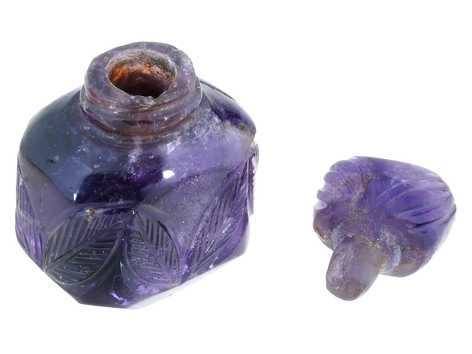 VINTAGE MINIATURE CARVED AMETHYST PERFUME BOTTLE PIC-1