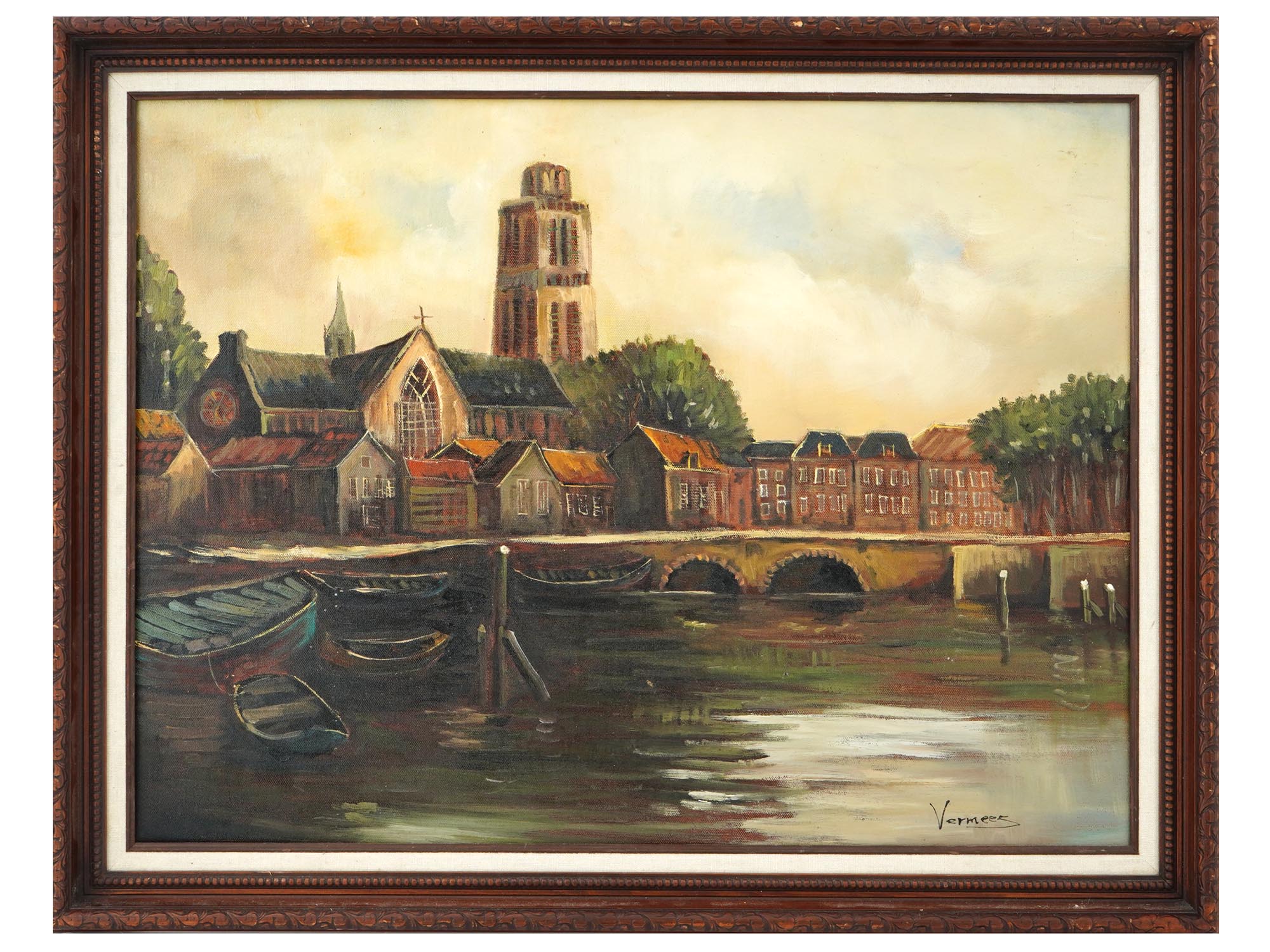 MID CENTURY DUTCH CITYSCAPE OIL PAINTING SIGNED PIC-0