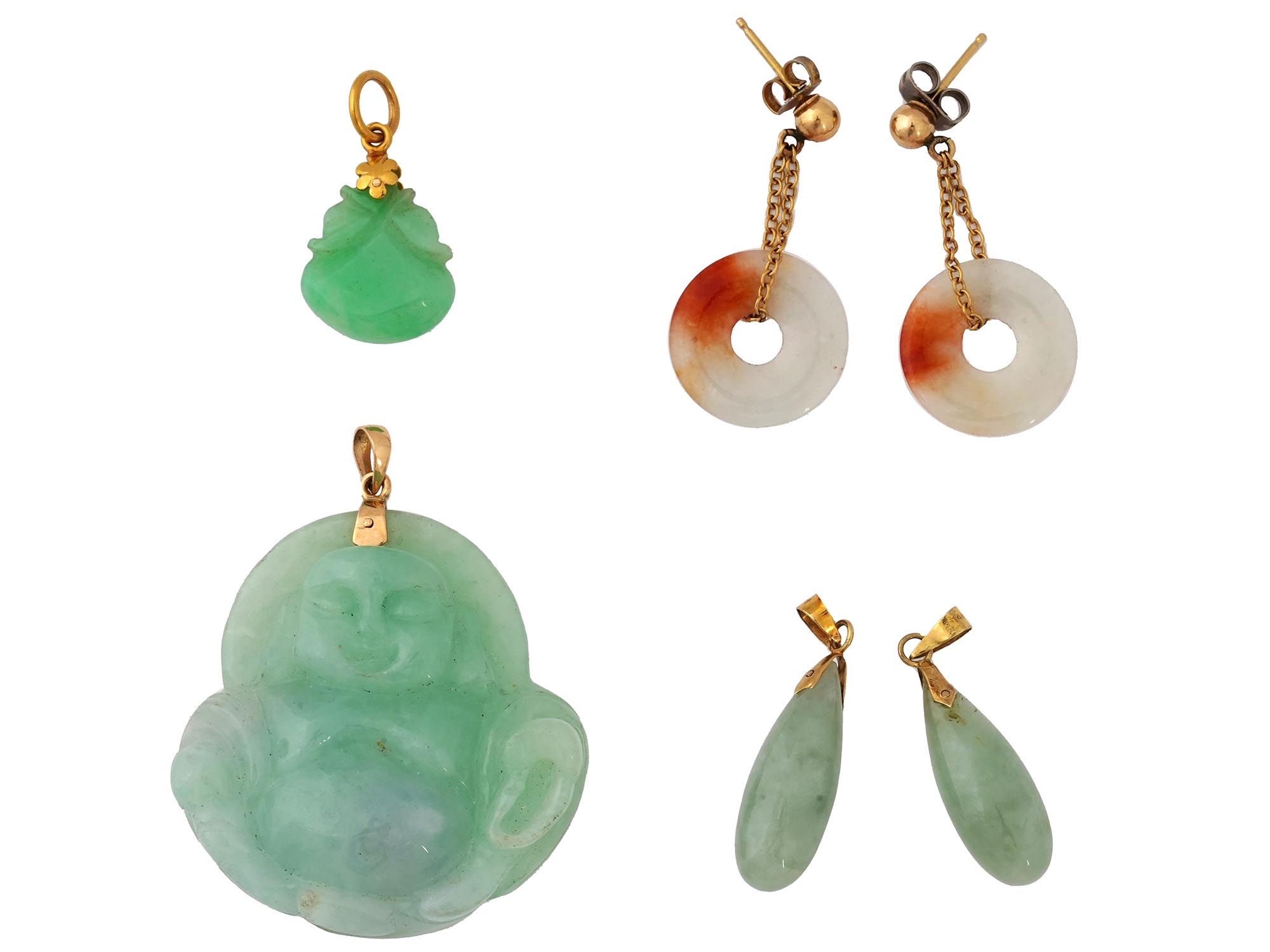 VINTAGE 14K GOLD JADE PENDANTS AND DANGLE EARRINGS PIC-0