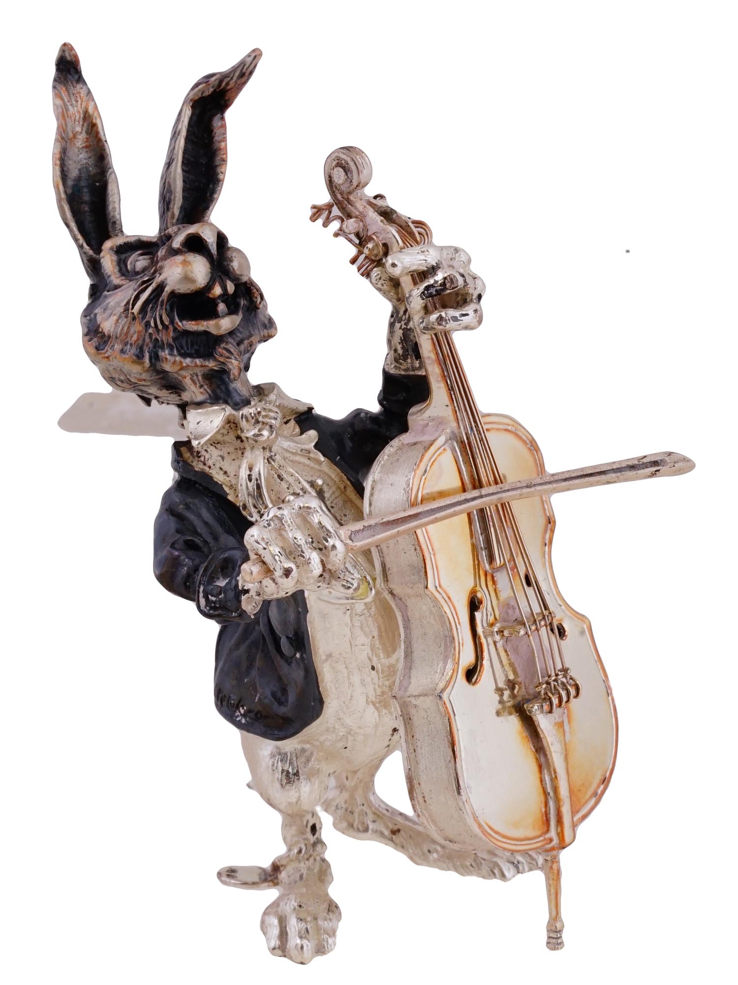 SPANISH ART DECO SILVER RABBIT CELLO PLAYER FIGURE PIC-0