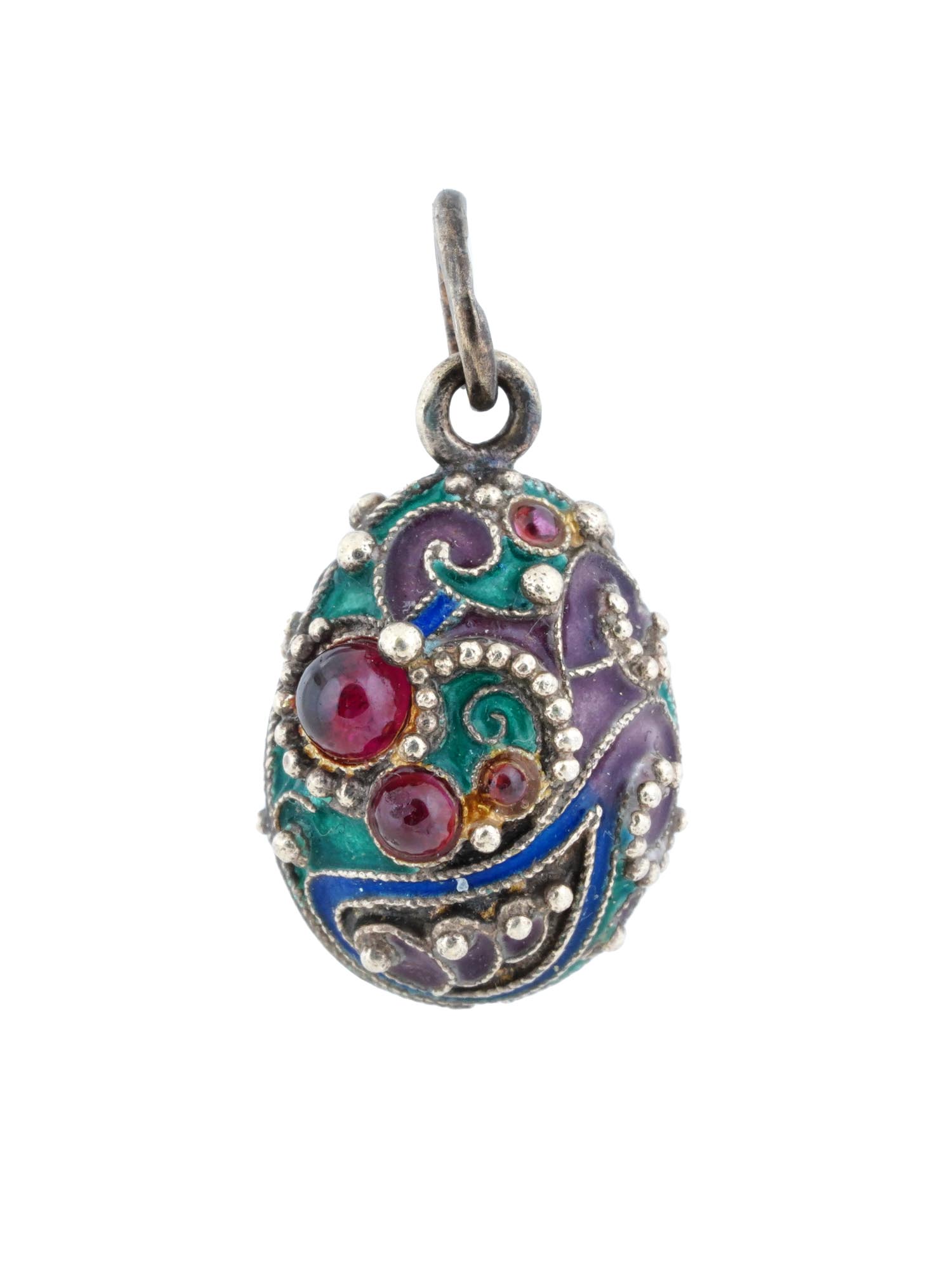 RUSSIAN ENAMEL 84 SILVER WITH GEMSTONES EGG PENDANT PIC-0