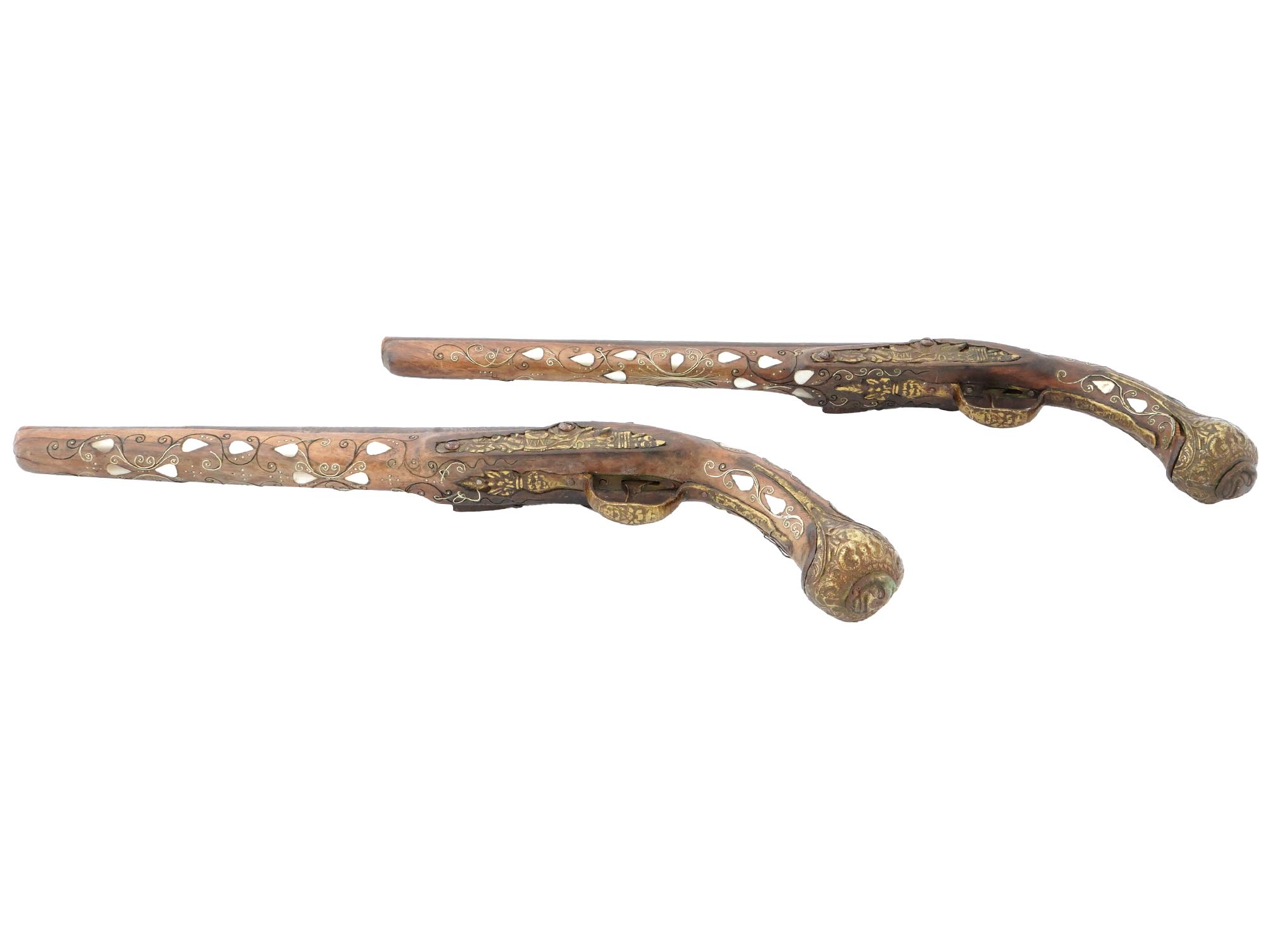 PAIR OF DECORATIVE FLINTLOCK PISTOLS W INLAID PEARL PIC-2