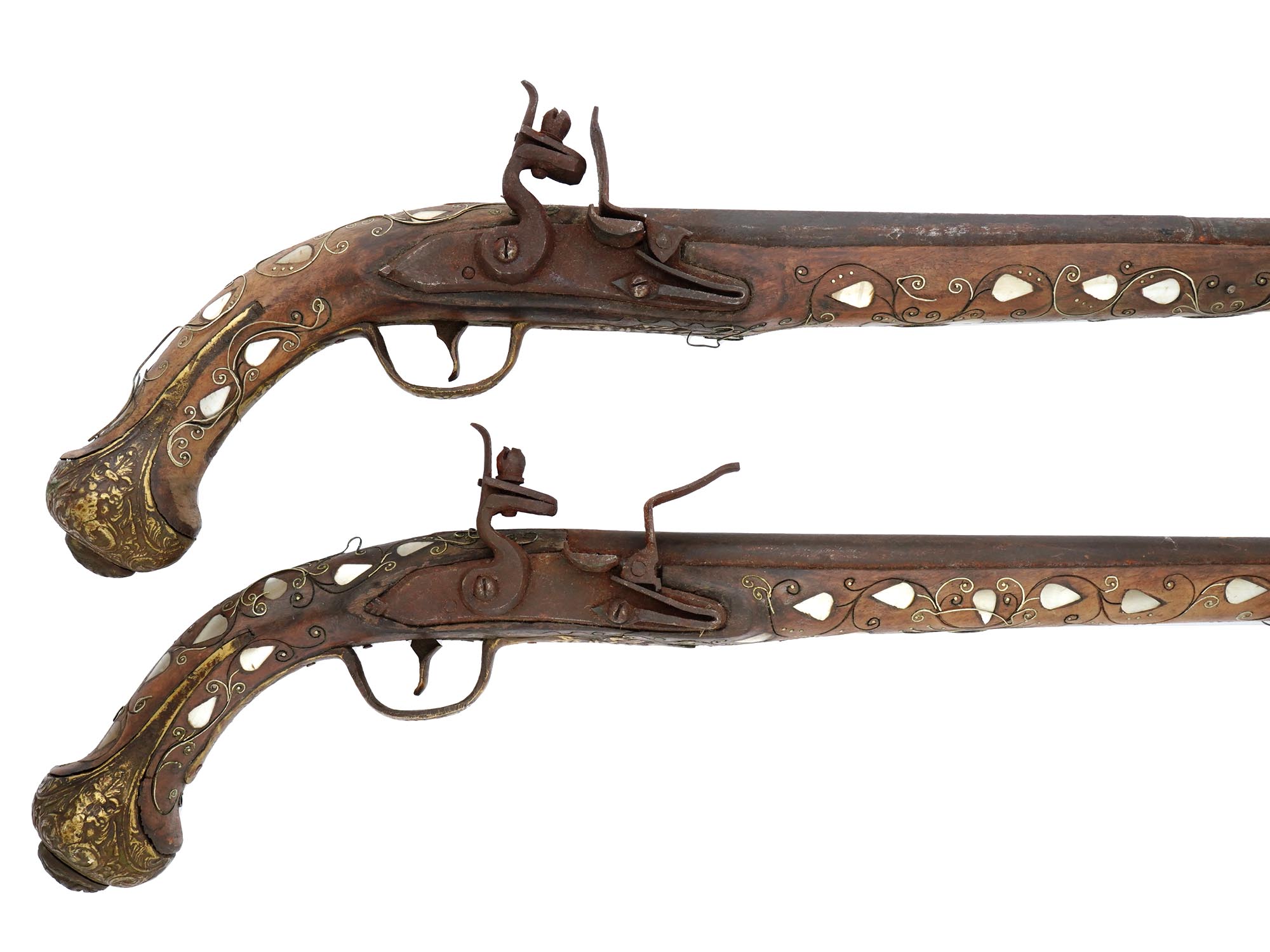 PAIR OF DECORATIVE FLINTLOCK PISTOLS W INLAID PEARL PIC-6