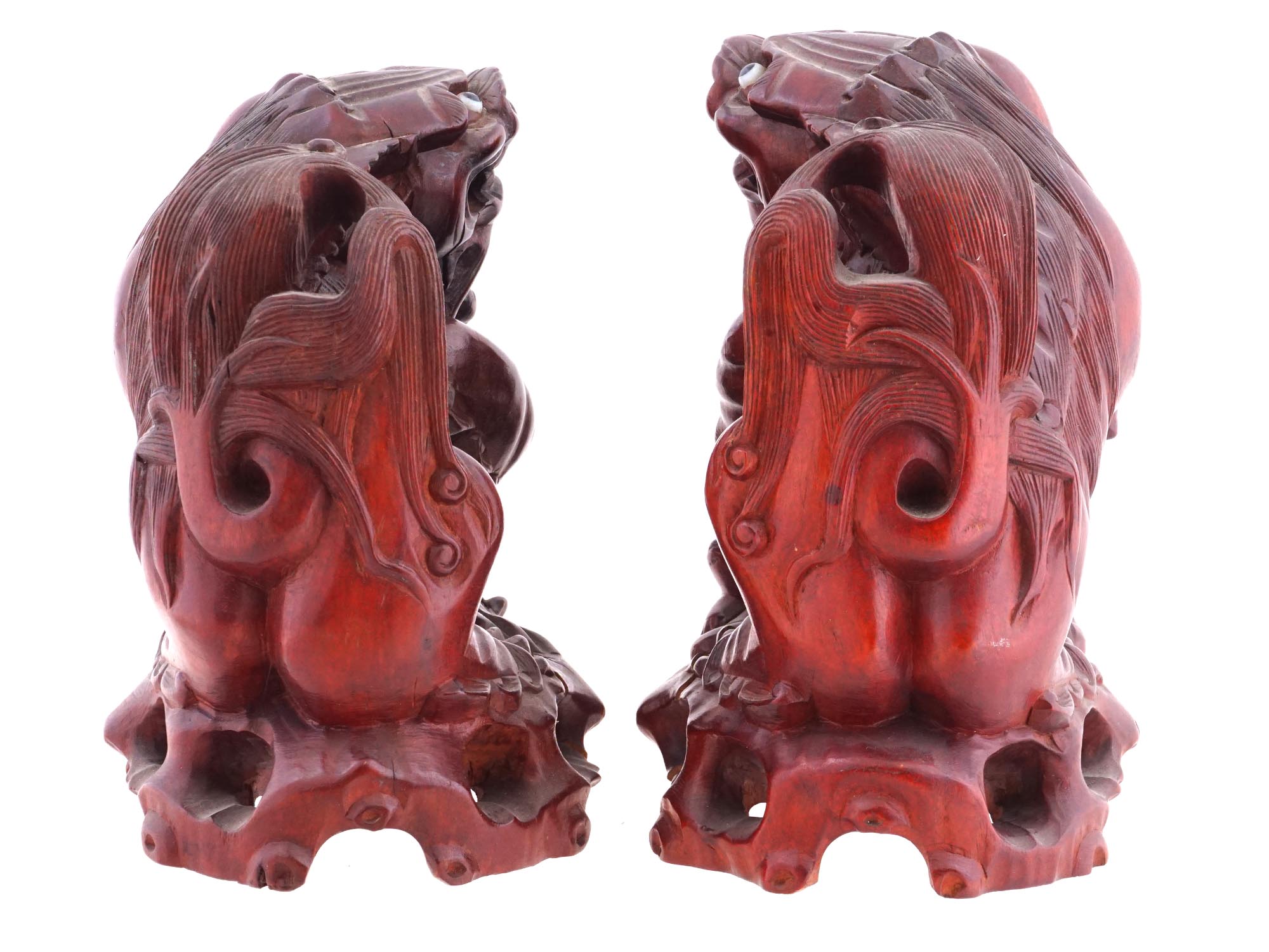 ANTIQUE CHINESE HAND CARVED WOODEN FOO DOG FIGURINES PIC-4