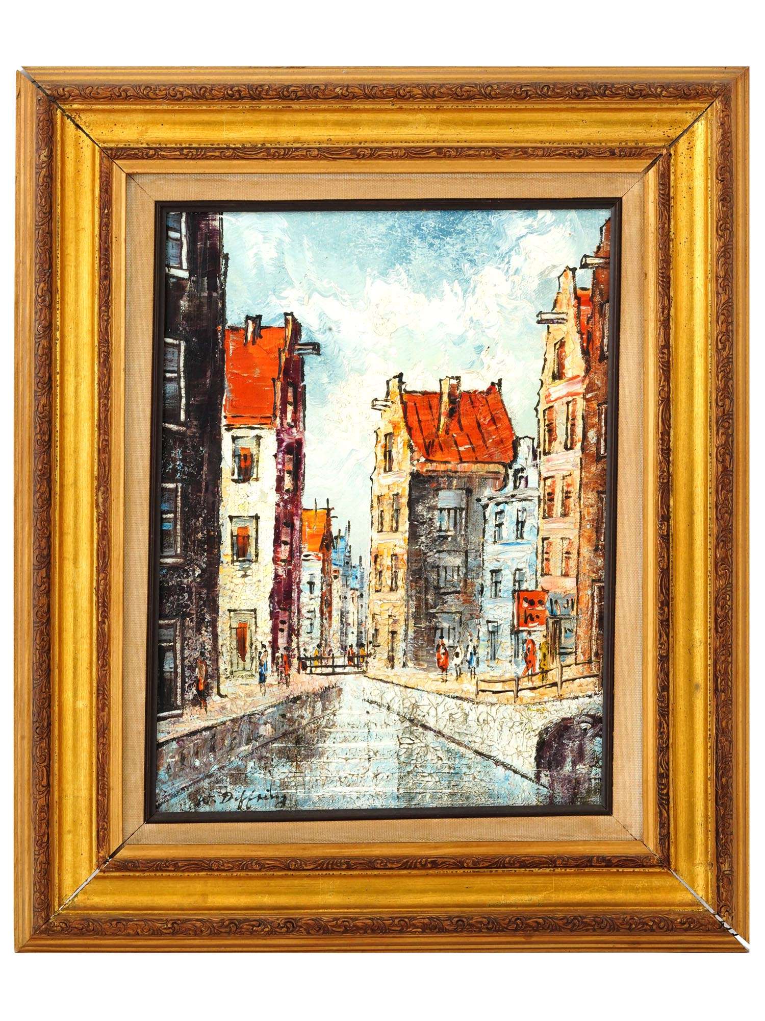 VINTAGE OIL CITYSCAPE PAINTING BY N DITTLING PIC-0
