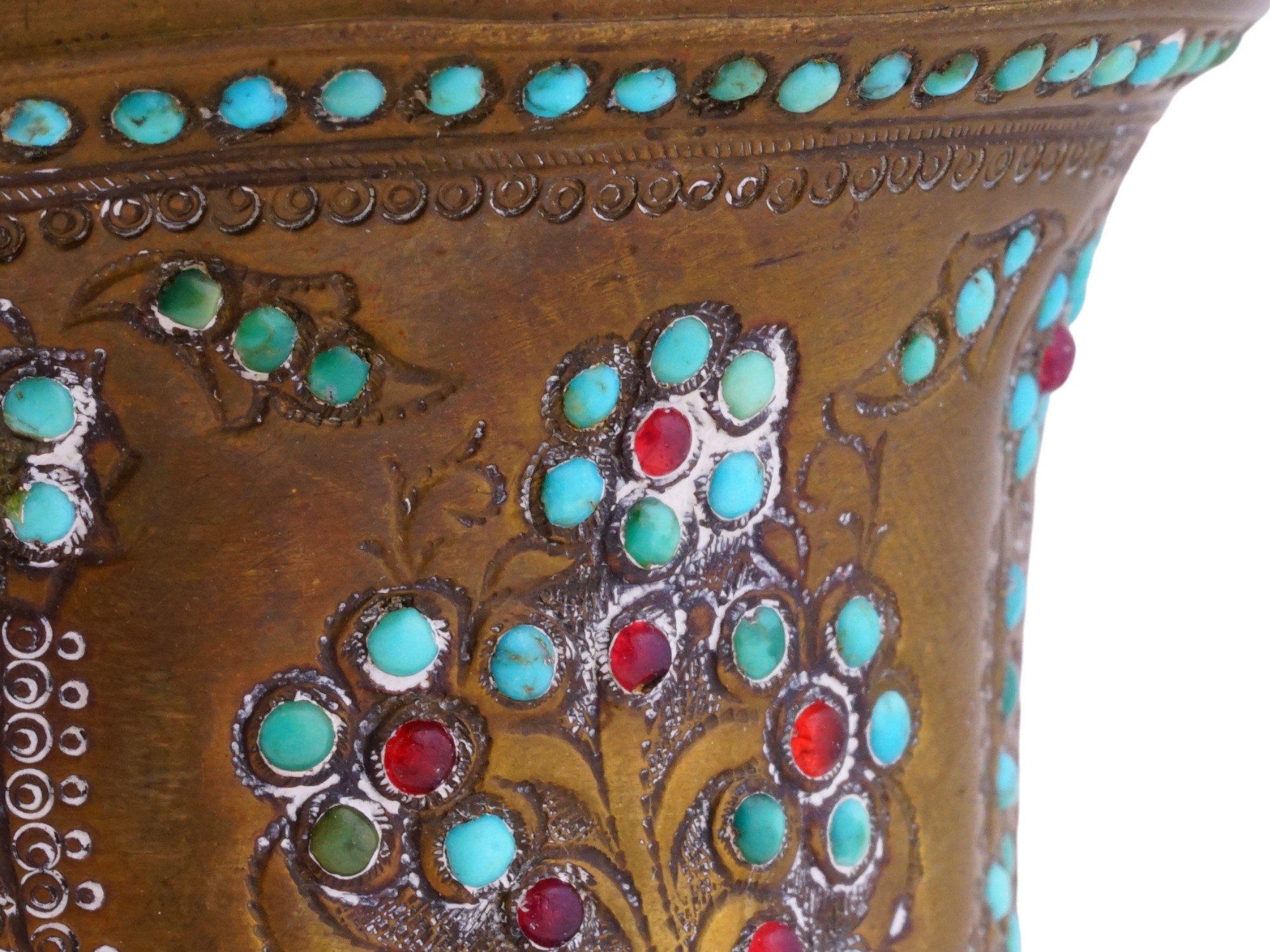 ANTIQUE PERSIAN BRASS TURQUOISE RUBY HOOKAH BOWL PIC-5