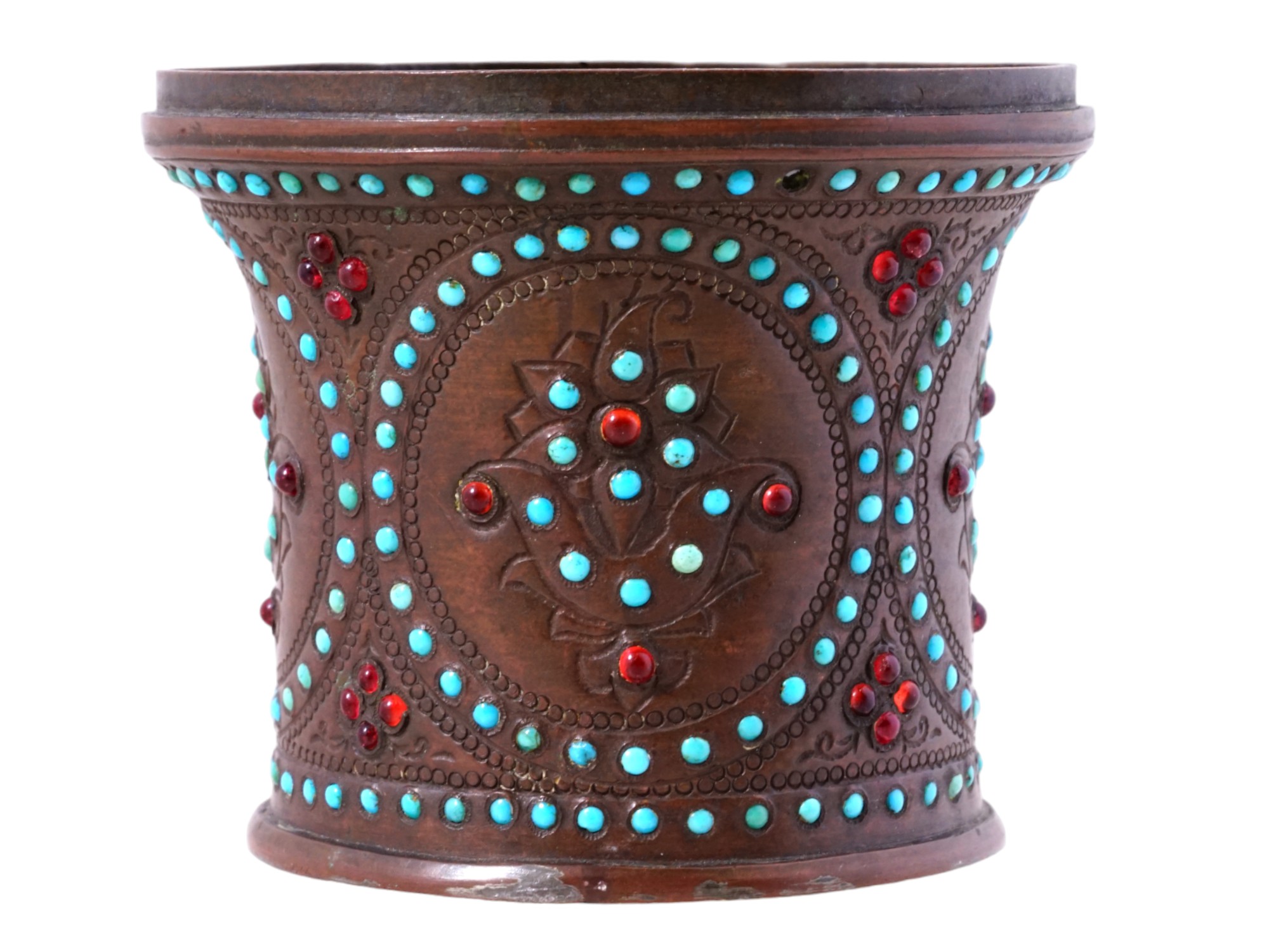 ANTIQUE PERSIAN BRASS TURQUOISE RUBY HOOKAH BOWL PIC-0