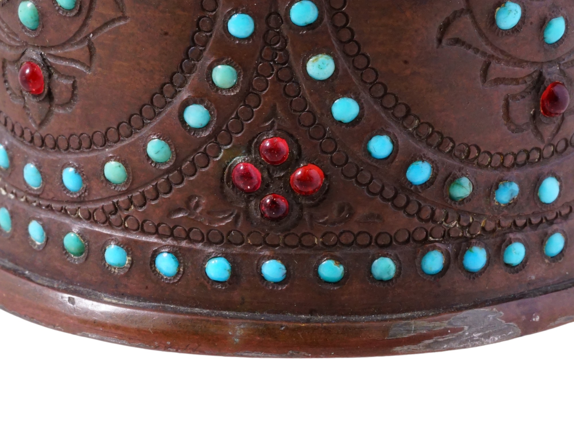 ANTIQUE PERSIAN BRASS TURQUOISE RUBY HOOKAH BOWL PIC-7