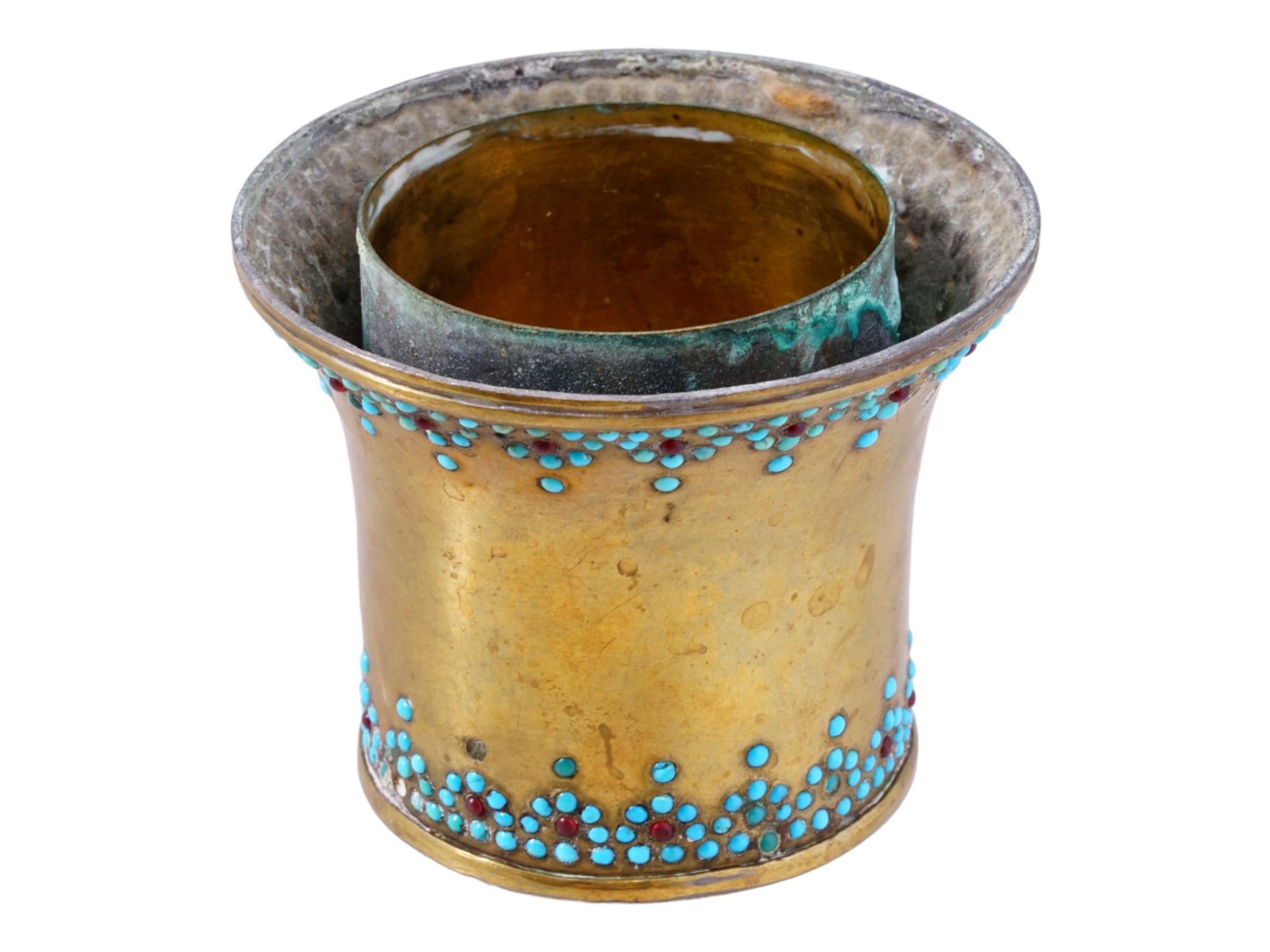 ANTIQUE PERSIAN BRASS TURQUOISE RUBY HOOKAH BOWL PIC-0