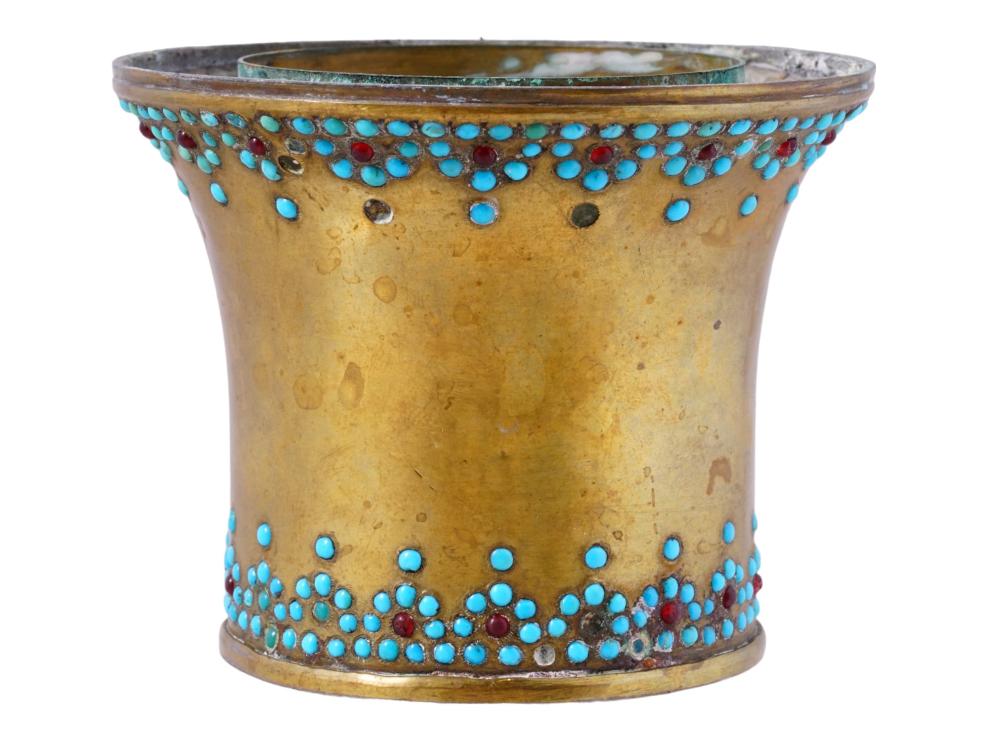 ANTIQUE PERSIAN BRASS TURQUOISE RUBY HOOKAH BOWL PIC-1