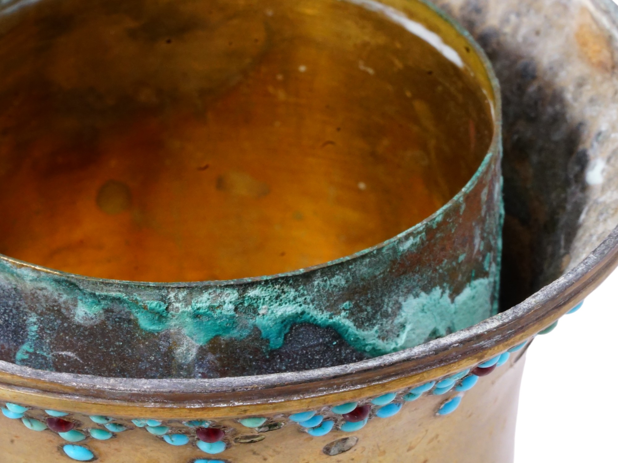 ANTIQUE PERSIAN BRASS TURQUOISE RUBY HOOKAH BOWL PIC-5