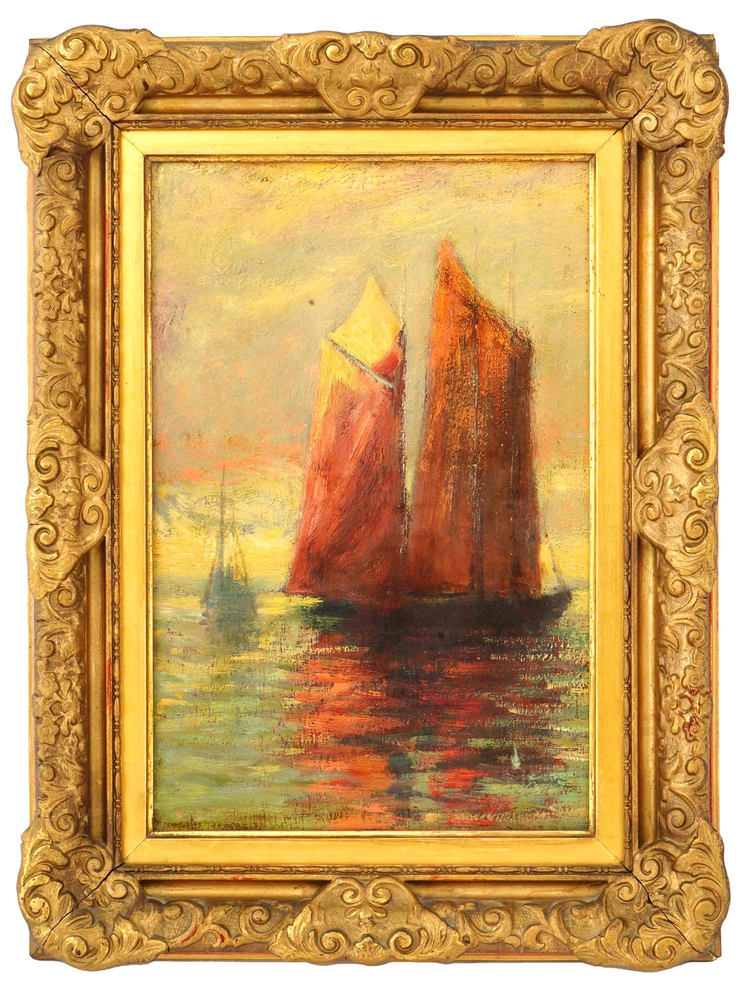 ANTIQUE EUROPEAN IMPRESSIONIST OIL SAILBOAT PAINTING PIC-0