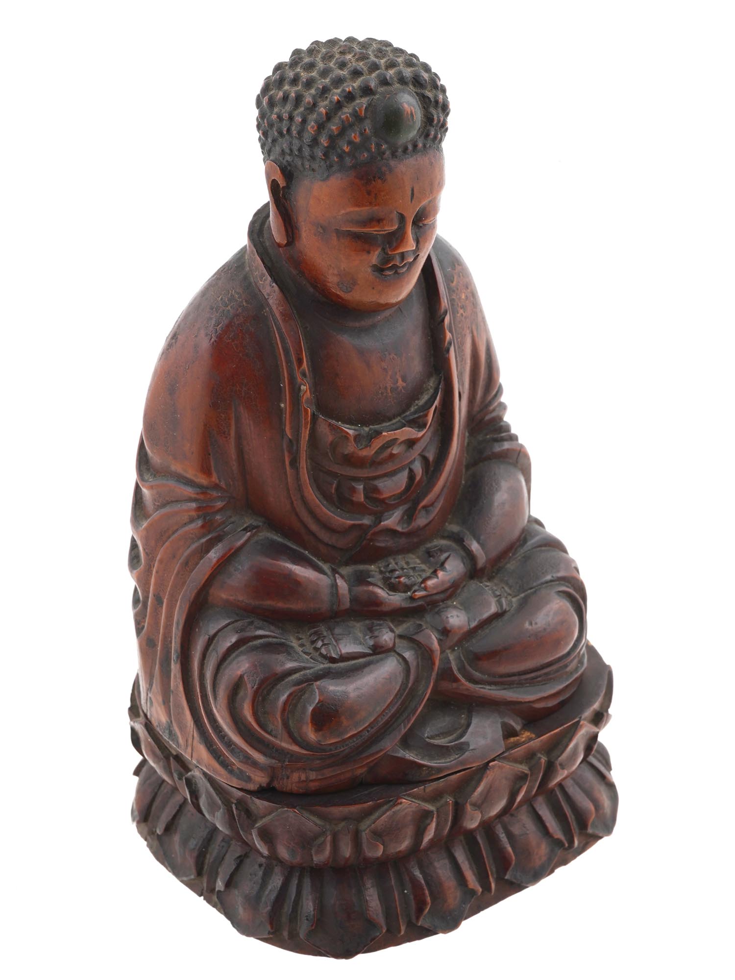 ANTIQUE JAPANESE WOODEN BUDDHA FIGURINE W STAND PIC-1