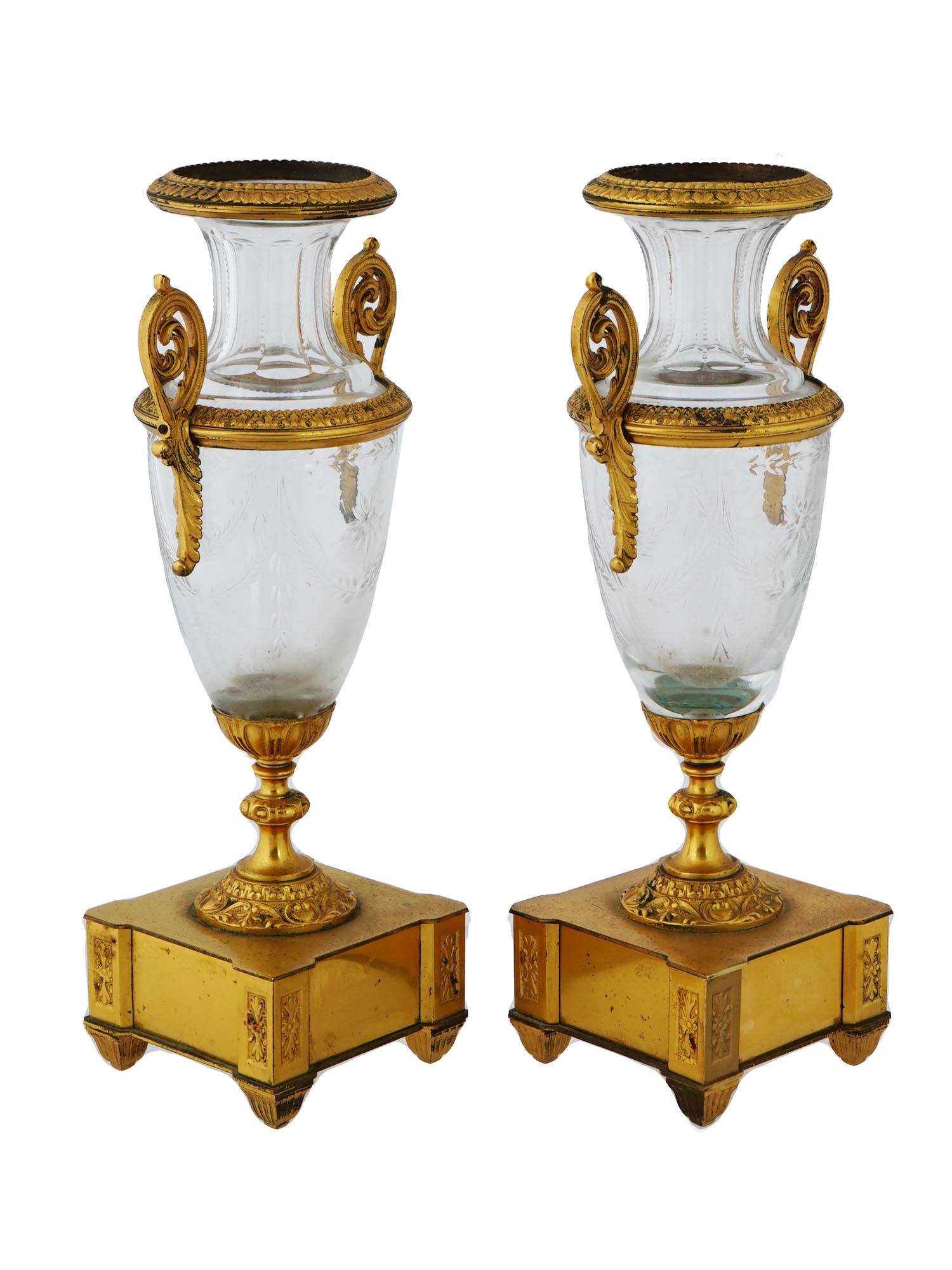 ANTIQUE FRENCH EMPIRE GILT BRONZE CRYSTAL VASES PIC-1