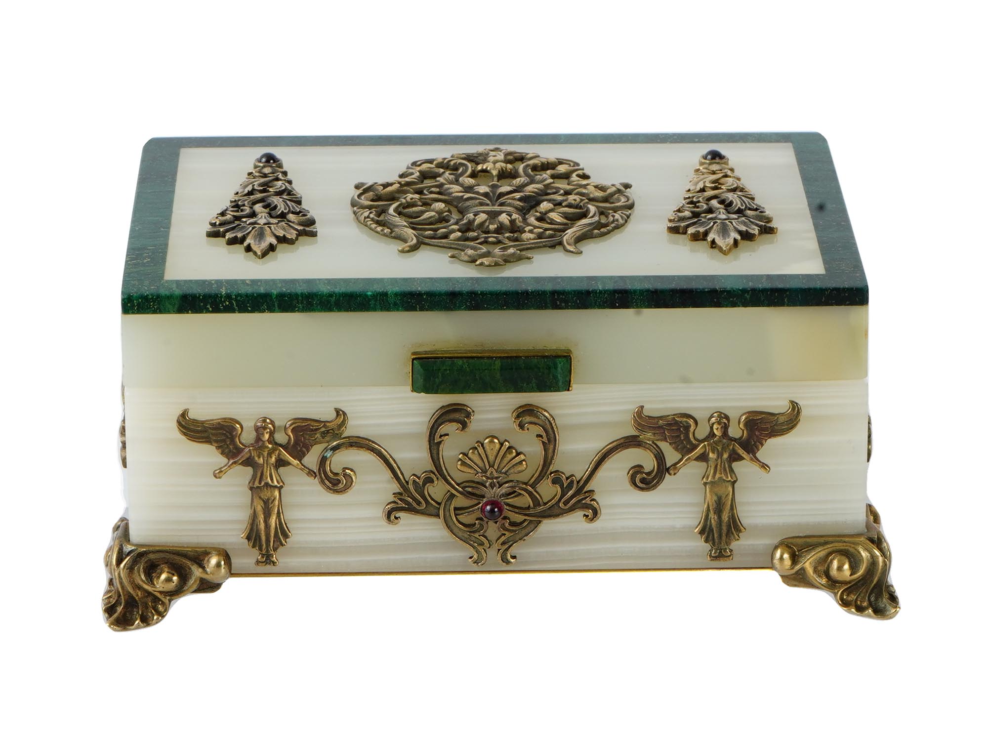 RUSSIAN ONYX AND MALACHITE BOX W GARNET STONES PIC-1