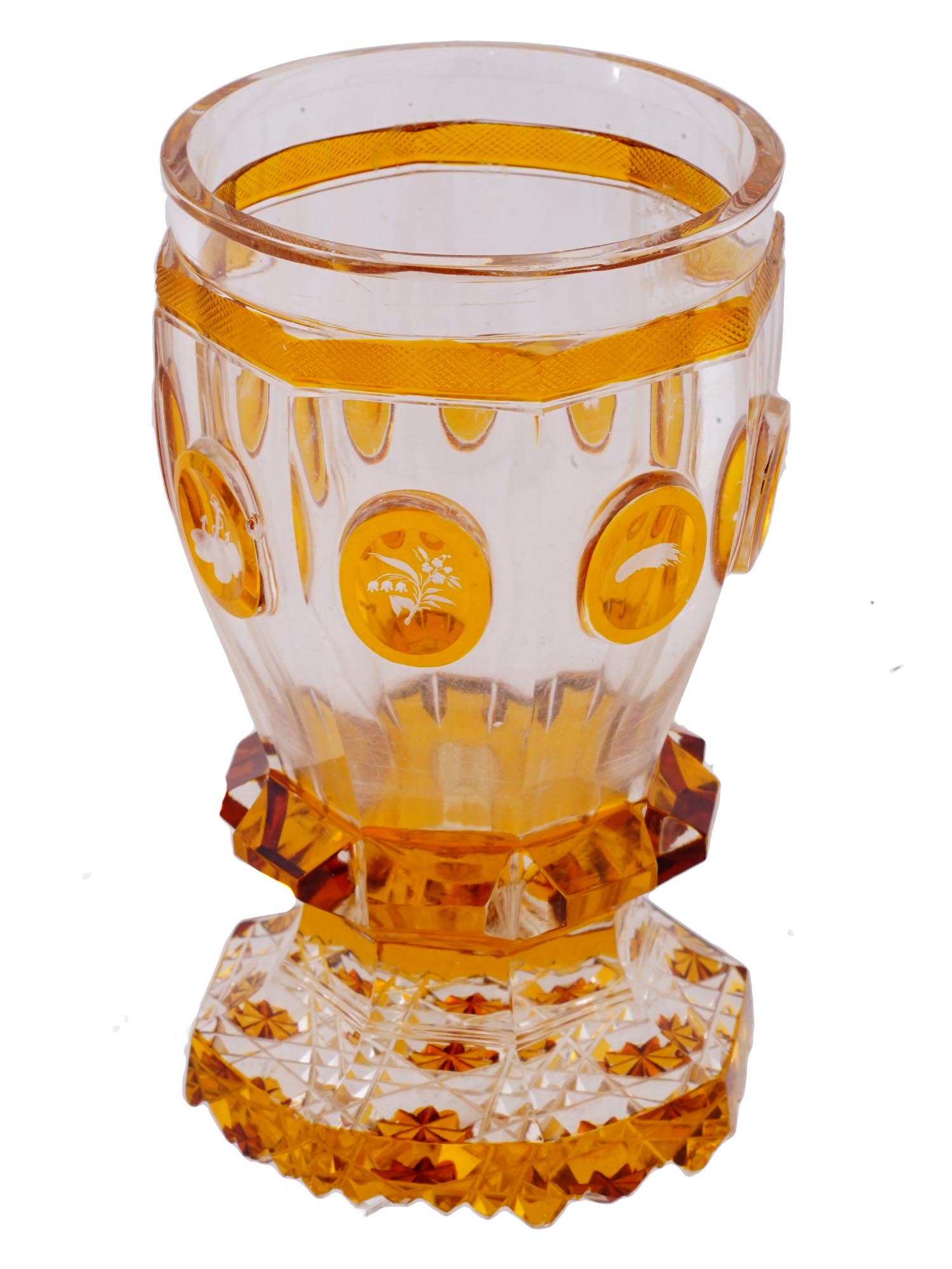 ANTIQUE BOHEMIAN MANNER AMBER CUT GLASS GOBLET PIC-1