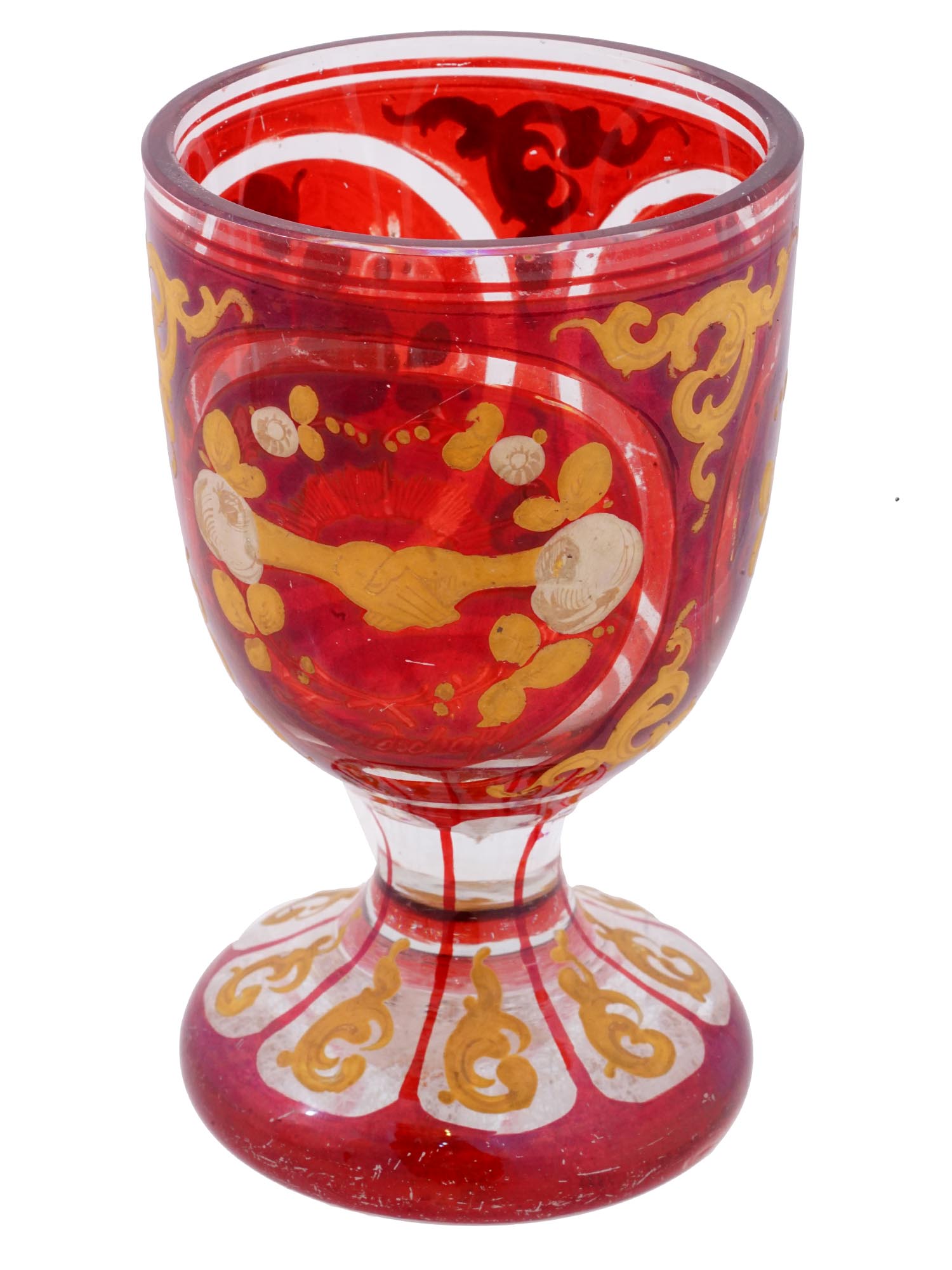ANTIQUE BOHEMIAN MANNER RED CUT CLEAR GLASS GOBLET PIC-1