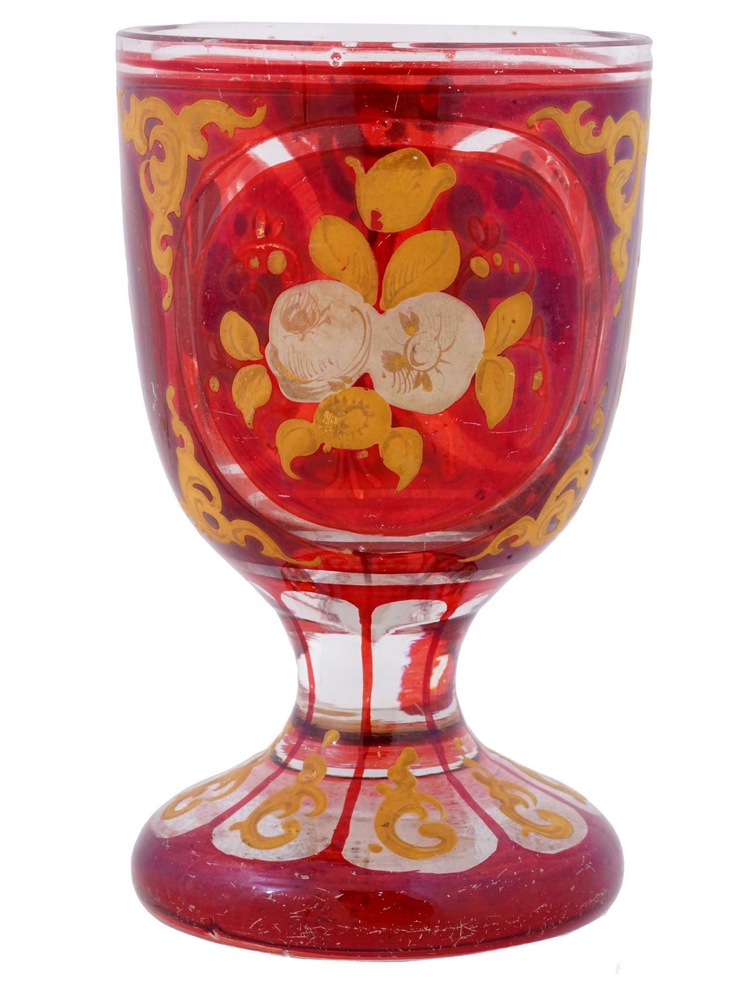 ANTIQUE BOHEMIAN MANNER RED CUT CLEAR GLASS GOBLET PIC-2