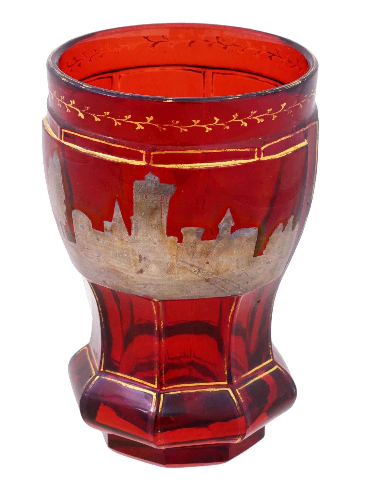 ANTIQUE BOHEMIAN MANNER RED ETCHED GLASS GOBLET PIC-0