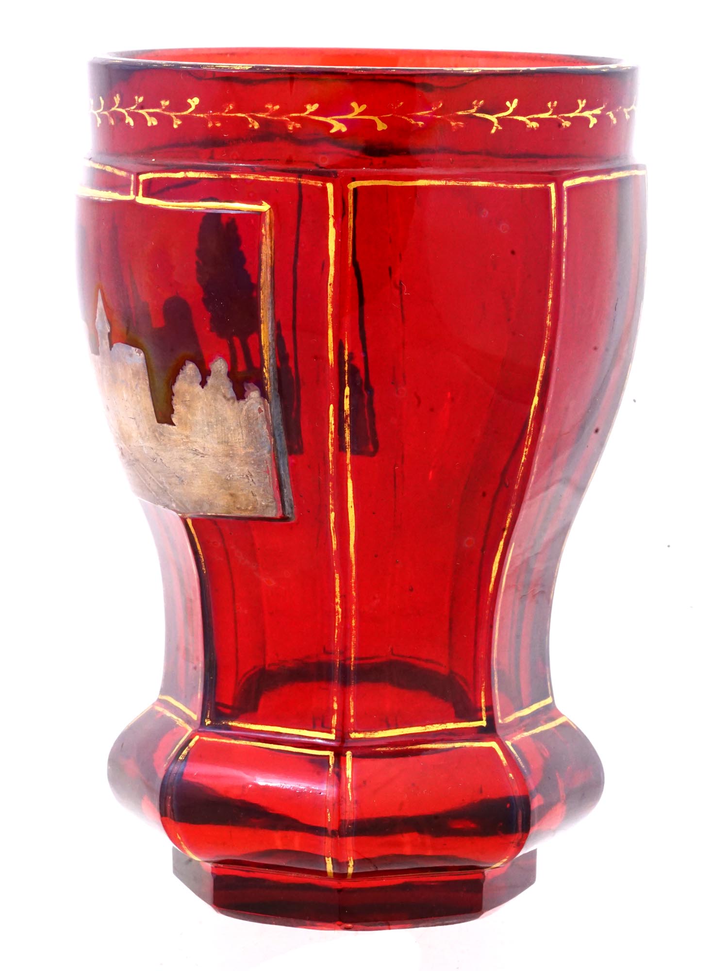 ANTIQUE BOHEMIAN MANNER RED ETCHED GLASS GOBLET PIC-2