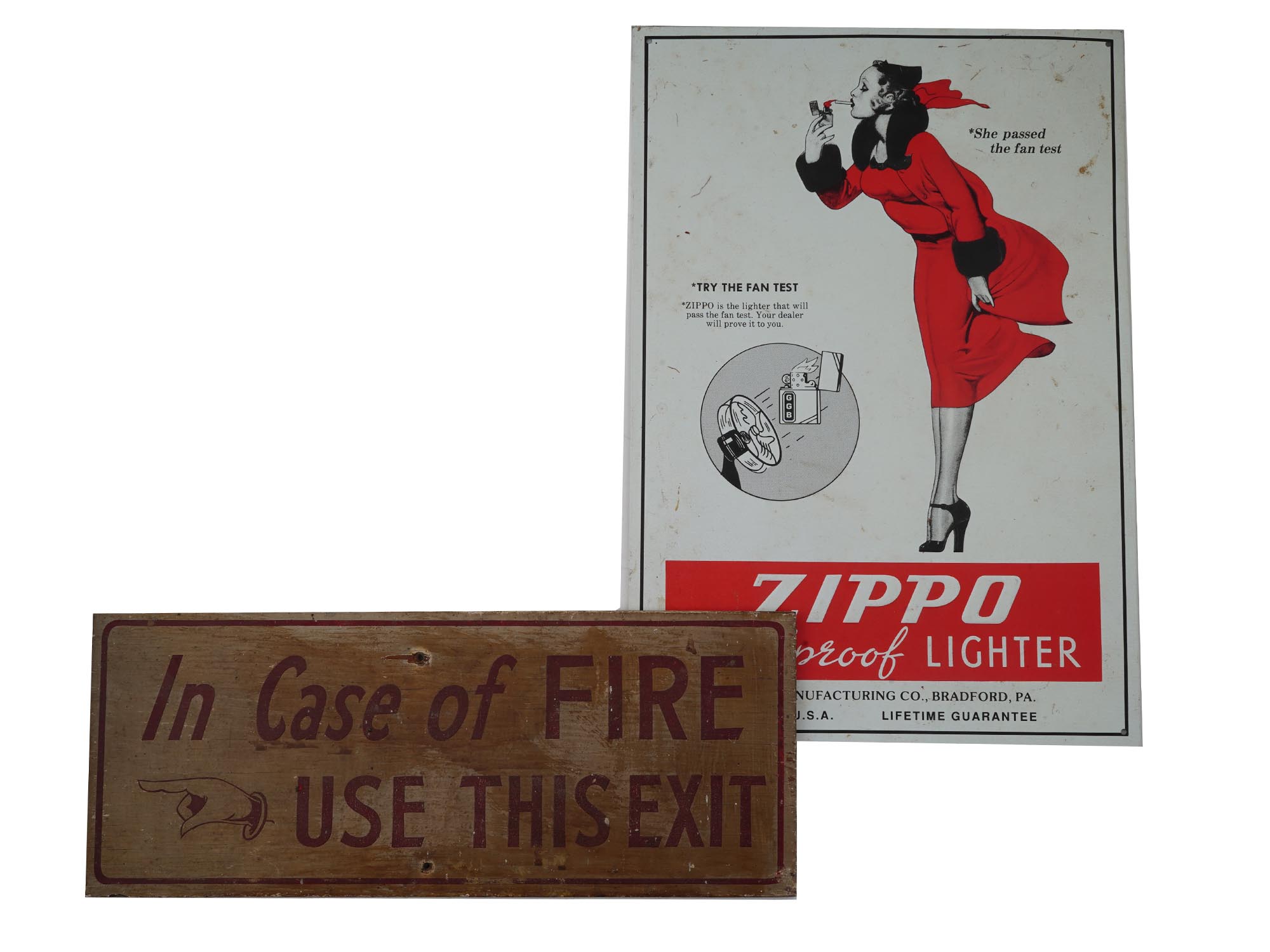 VINTAGE WOODEN EXIT AND ZIPPO TIN ADVERTISING SIGNS PIC-0