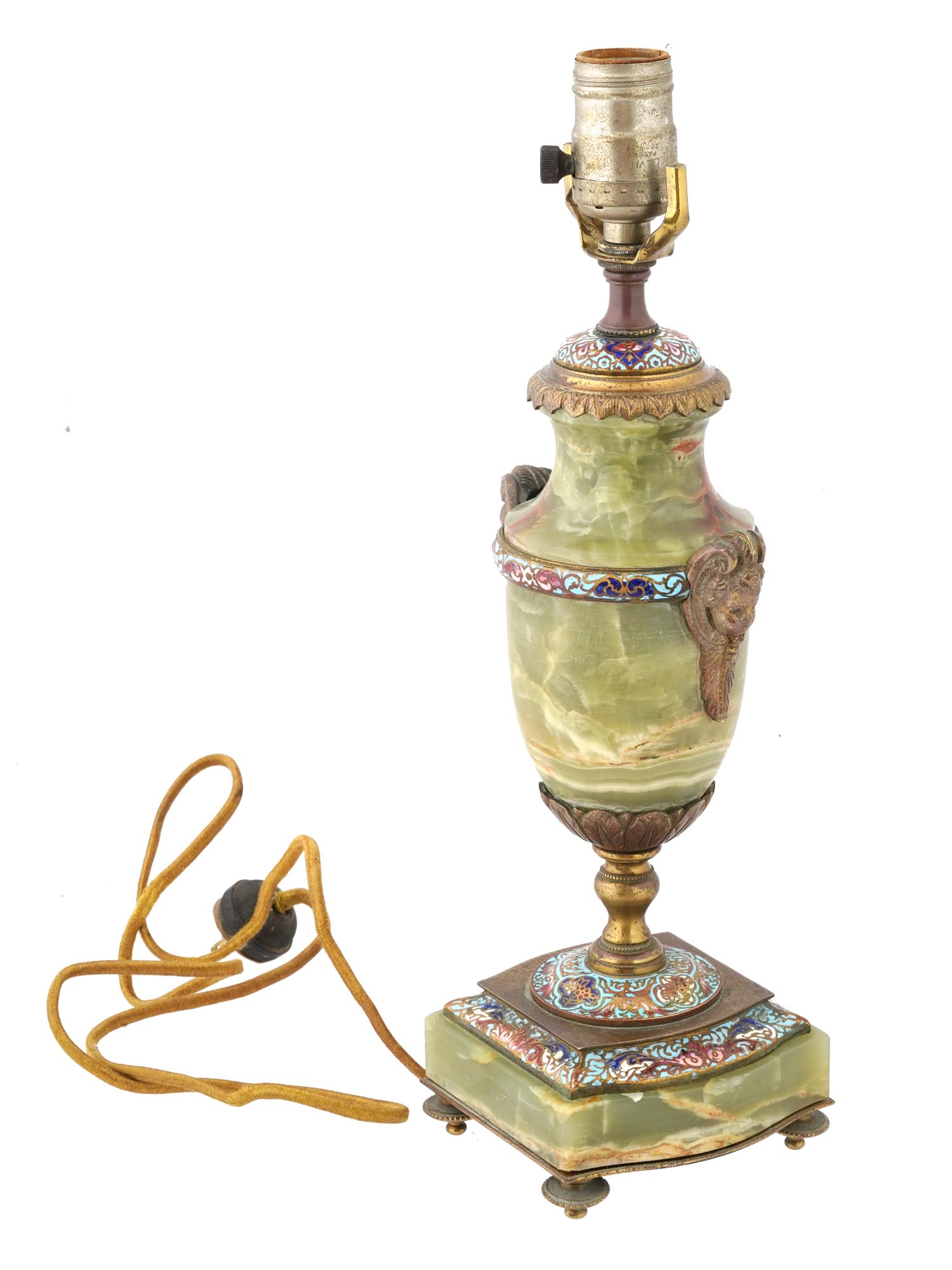 ANTIQUE FRENCH BRONZE CHAMPLEVE ENAMEL ONYX URN LAMP PIC-0