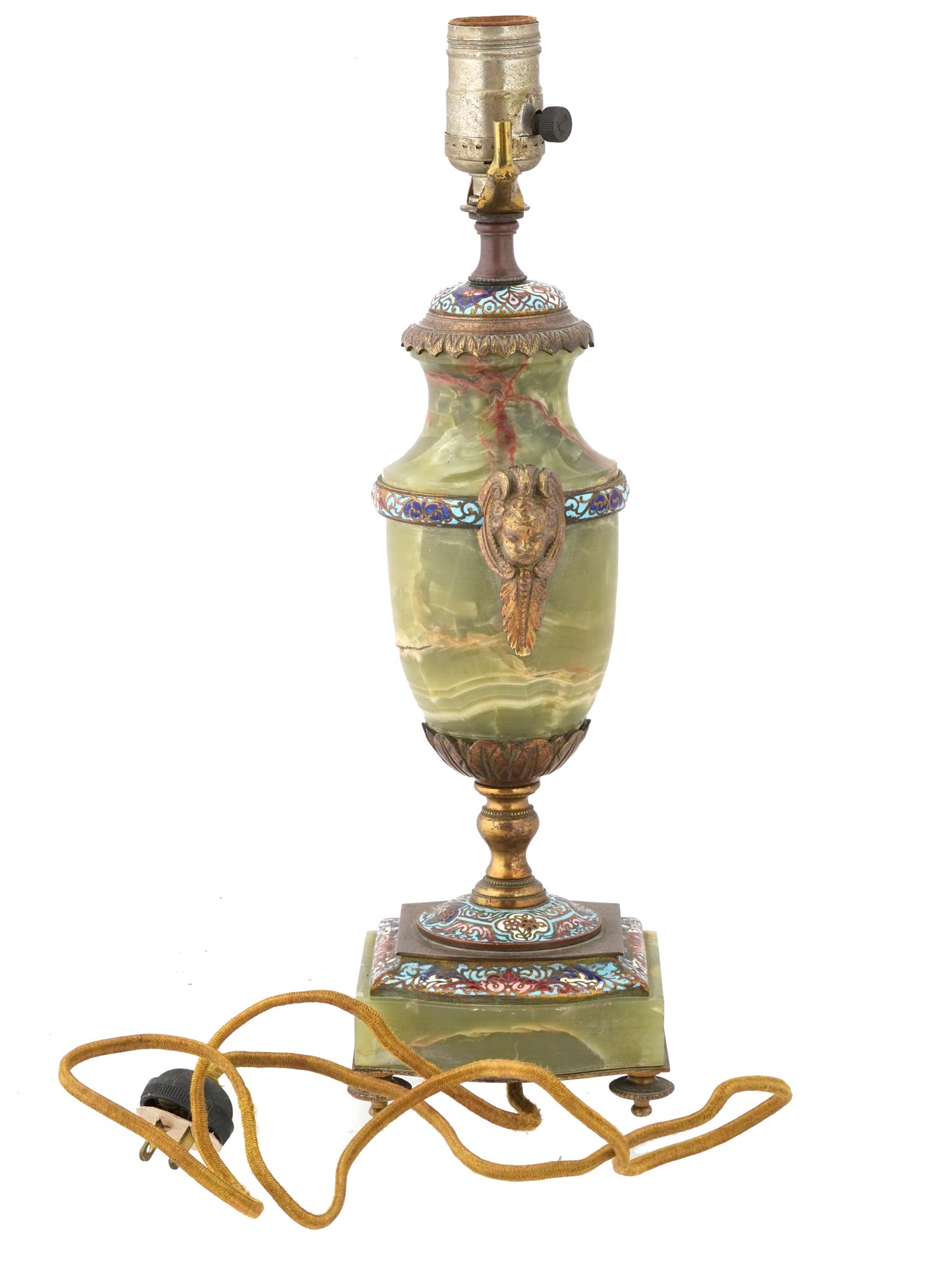 ANTIQUE FRENCH BRONZE CHAMPLEVE ENAMEL ONYX URN LAMP PIC-2