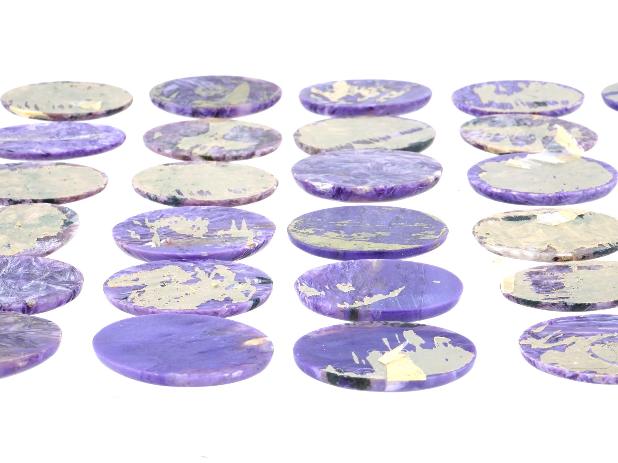 LARGE COLLECTION OF CARVED OVAL CHAROITE STONES PIC-2