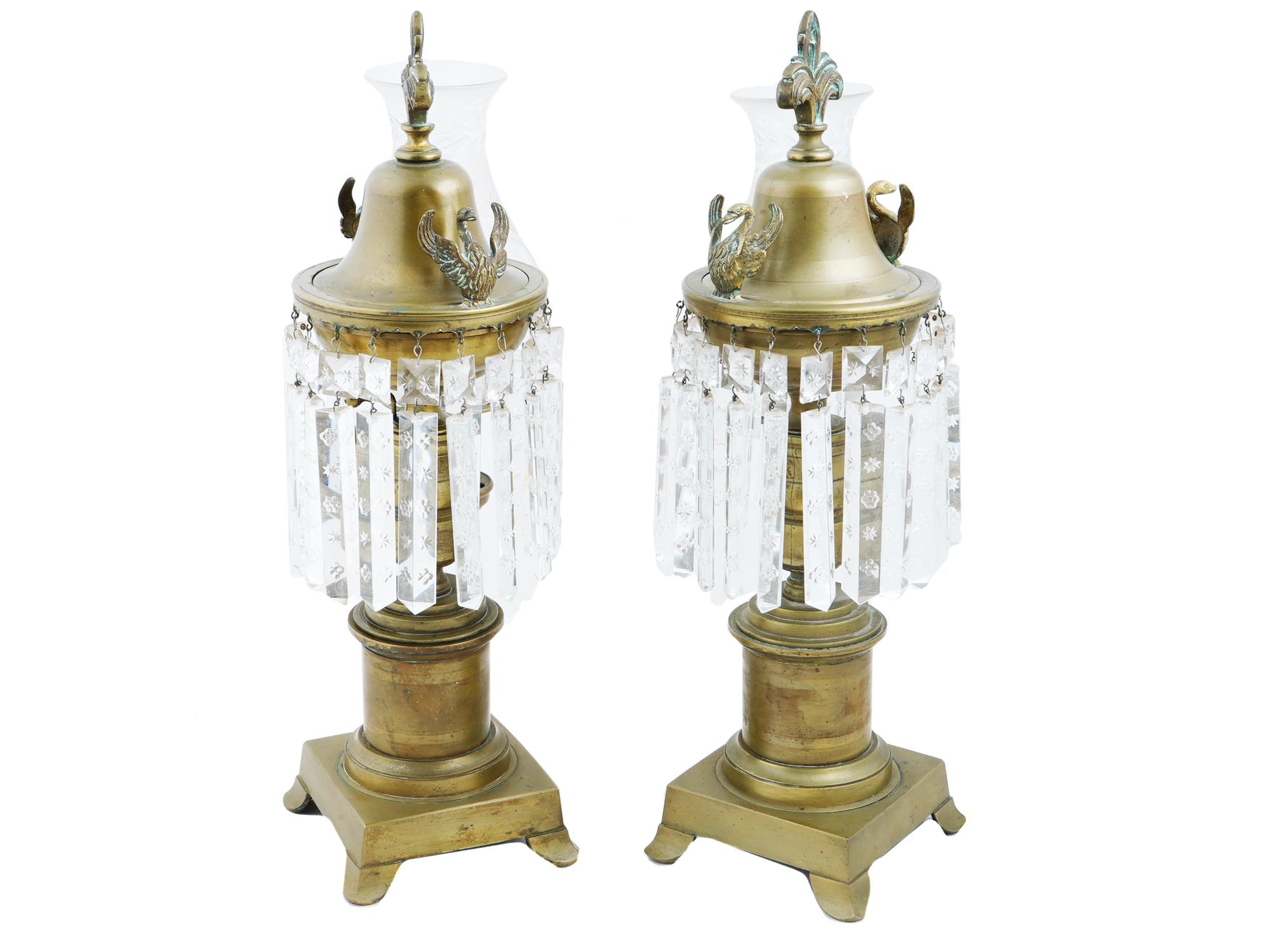 ENGLISH BRONZE ARGAND LAMPS W CUT CRYSTAL GLASS SHADES PIC-3