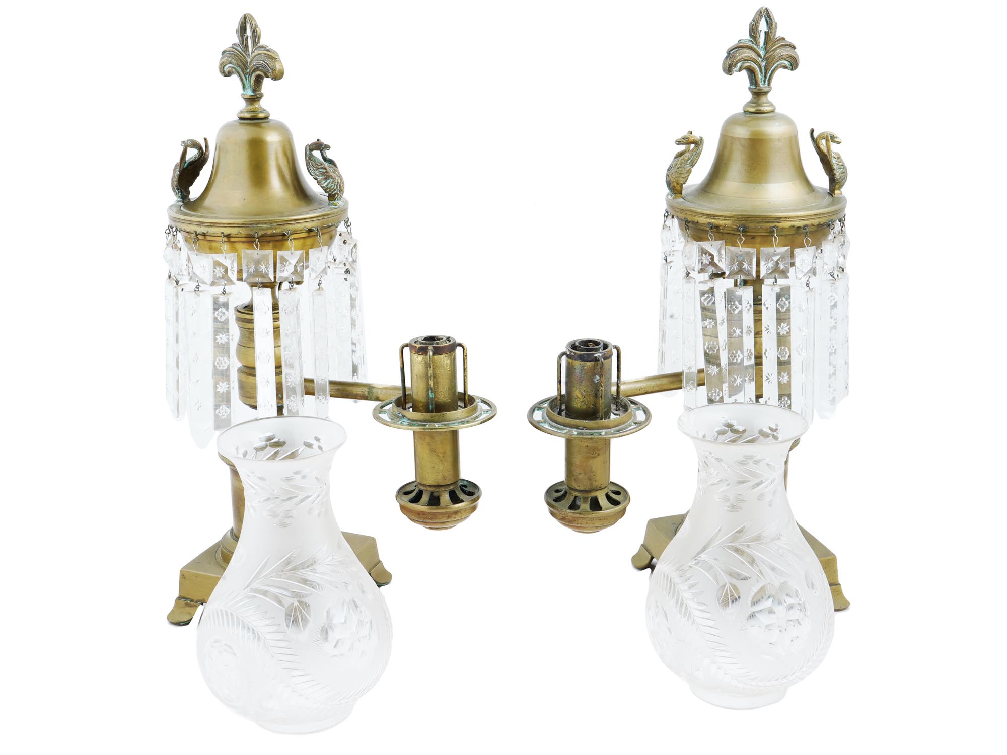 ENGLISH BRONZE ARGAND LAMPS W CUT CRYSTAL GLASS SHADES PIC-2