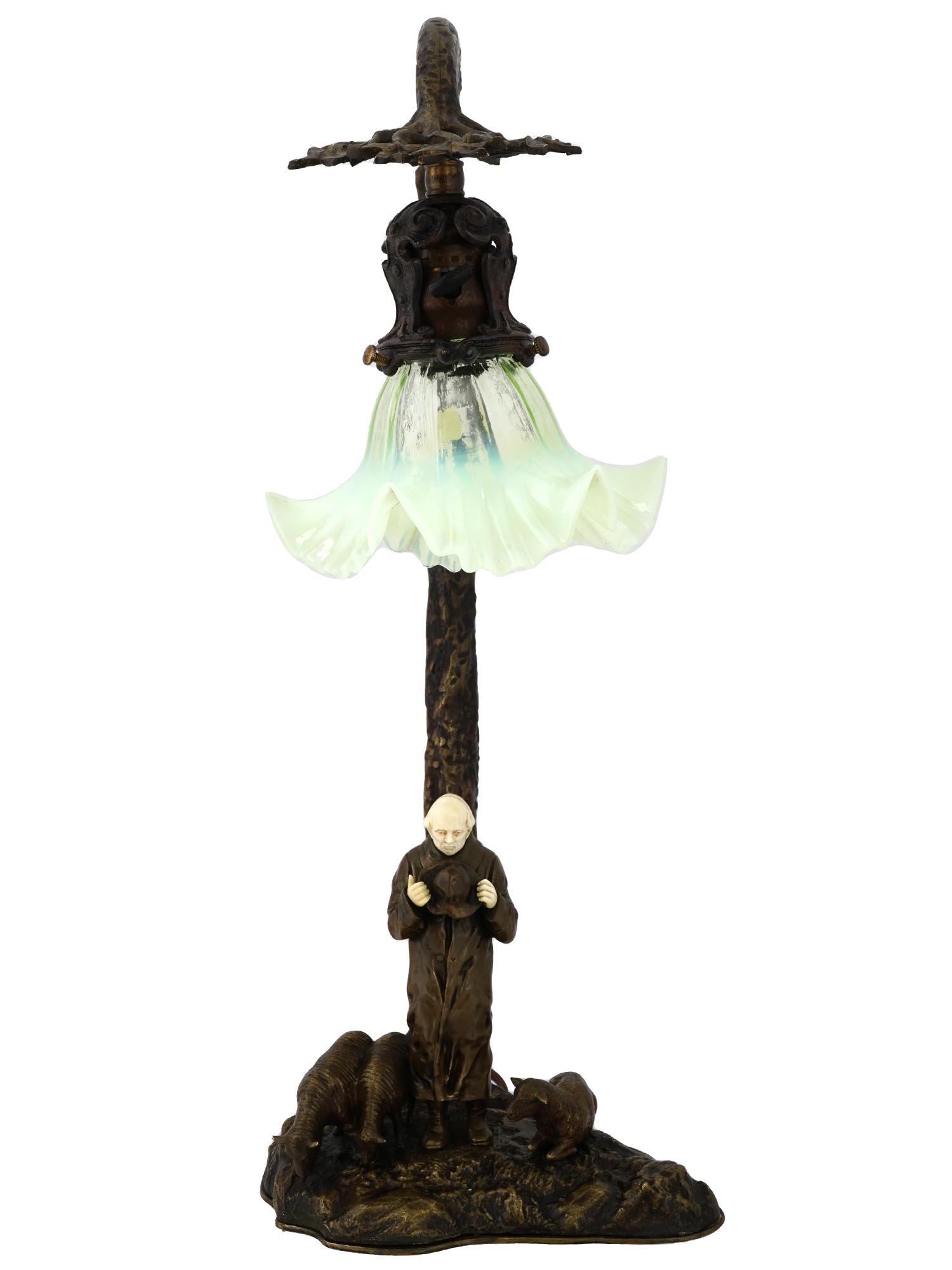 ART NOUVEAU AUSTRIAN BRONZE FIGURAL LAMP FLOWER SHADE PIC-1