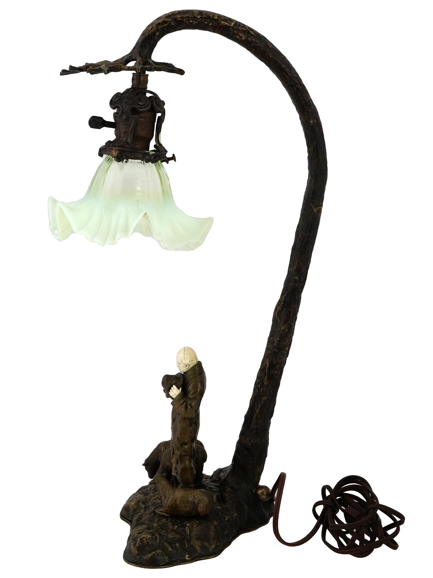 ART NOUVEAU AUSTRIAN BRONZE FIGURAL LAMP FLOWER SHADE PIC-3