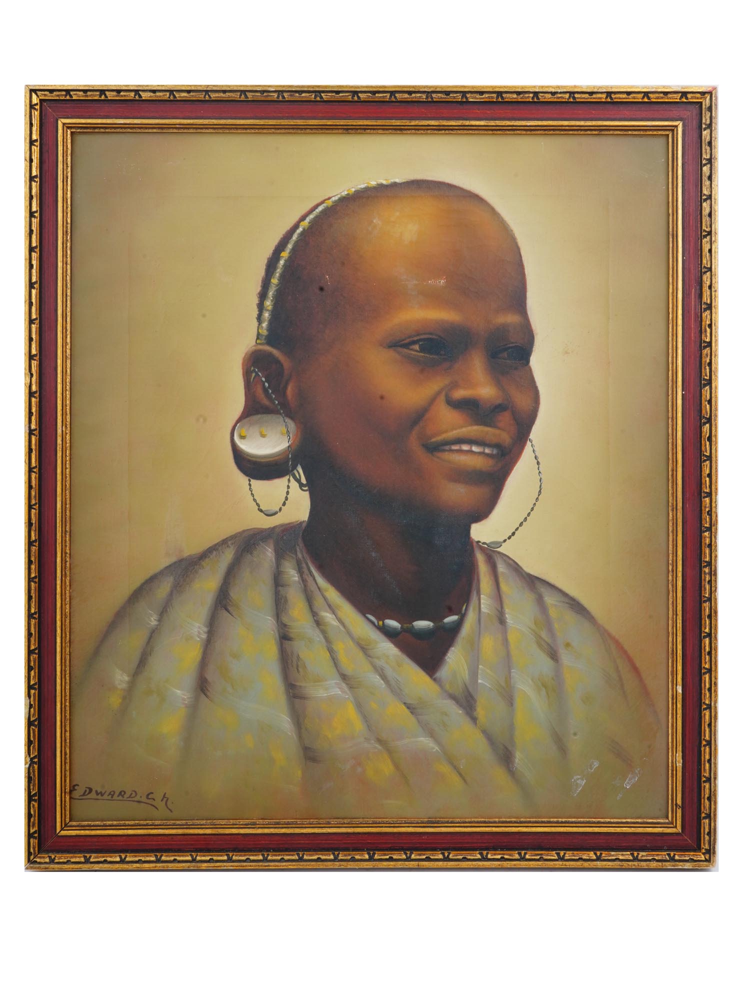 AFRICAN TRIBAL FEMALE PORTRAIT OIL PAINTING SIGNED PIC-0